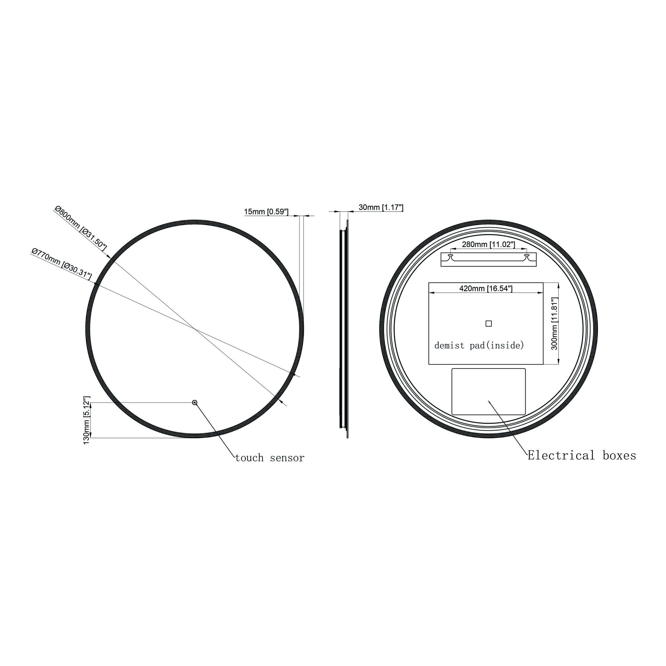 High-tech circular touch sensor with detailed internal measurements for bathroom automated fixtures, featuring electrical boxes and demist pad inside, ideal for modern Bubly bathrooms.
