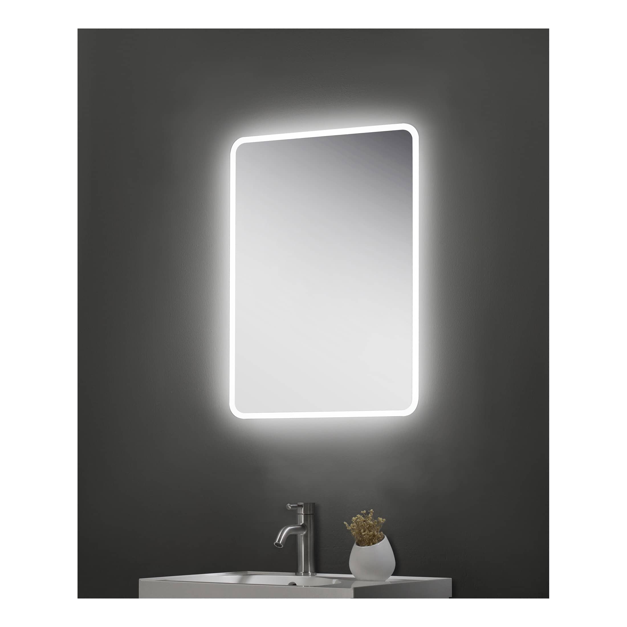 LED illuminated bathroom mirror with modern sleek design, ideal for contemporary bathrooms, featuring built-in lighting for improved hygiene and style.