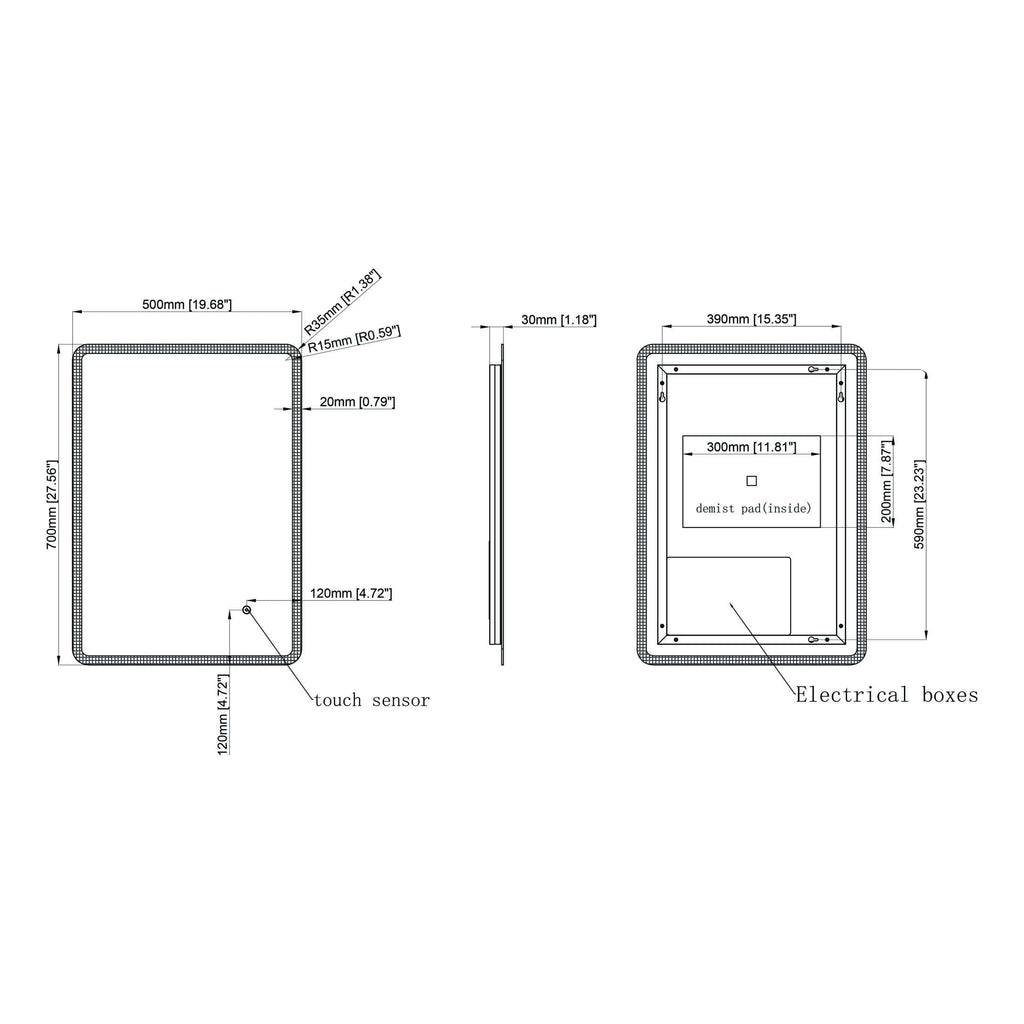 Aluminium bathroom touchscreen control panel with dimensions, touch sensor, electrical boxes, and demist pad interior for modern bathroom automation.