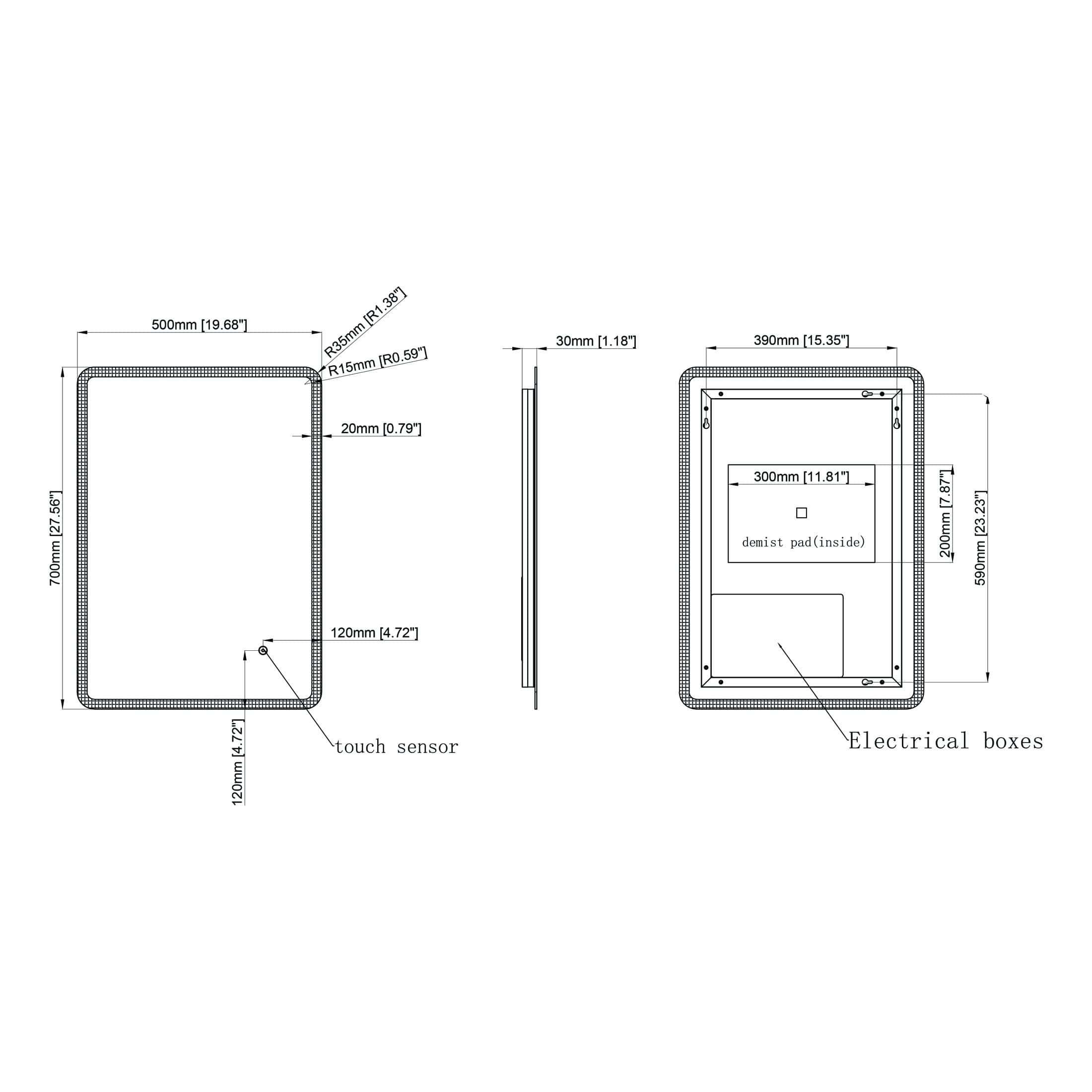 Aluminium bathroom touchscreen control panel with dimensions, touch sensor, electrical boxes, and demist pad interior for modern bathroom automation.