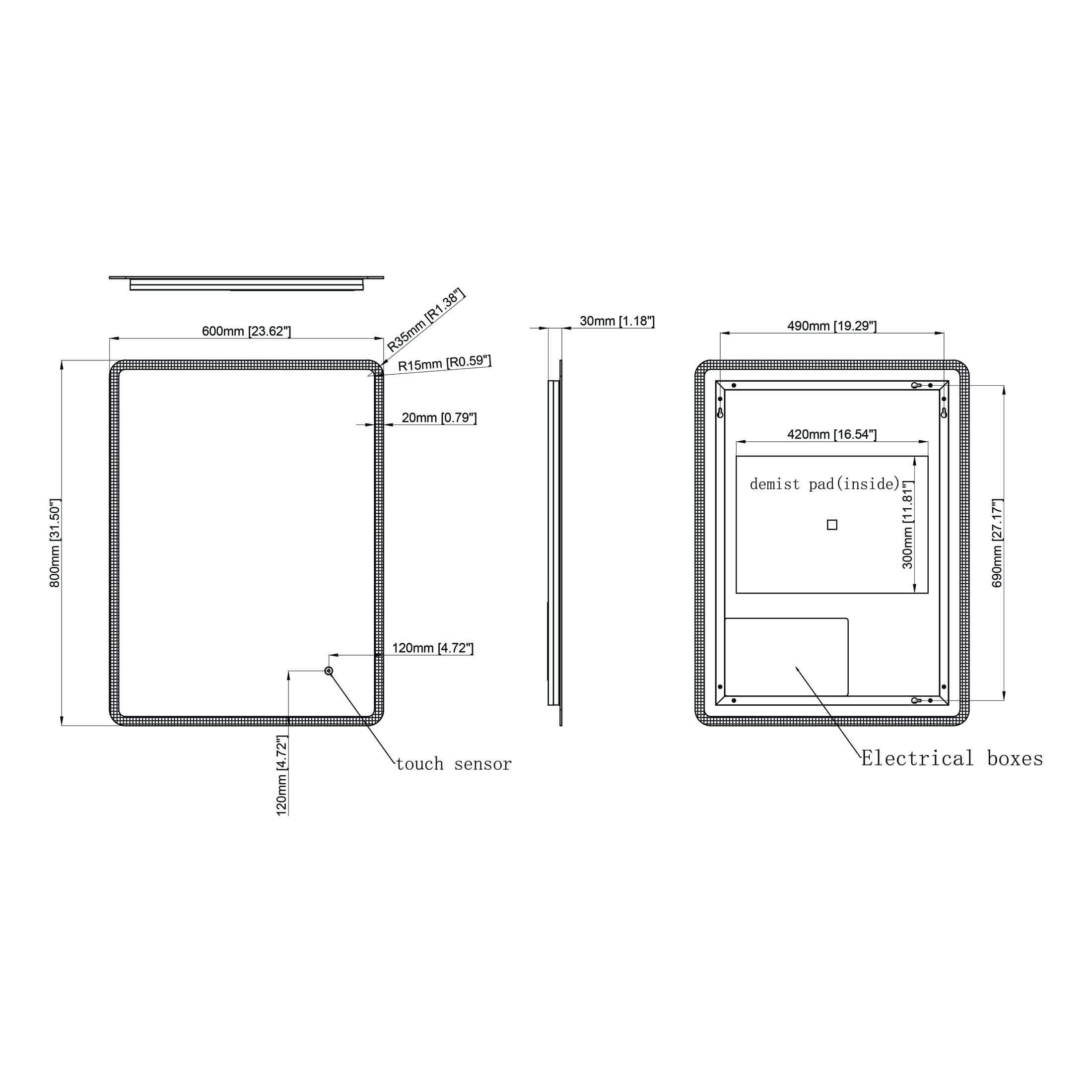 High-resolution technical drawing of Bubly Bathrooms shower control panel with detailed dimensions, touch sensor, electrical boxes, and interior demist pad, highlighting modern bathroom fixtures and design.