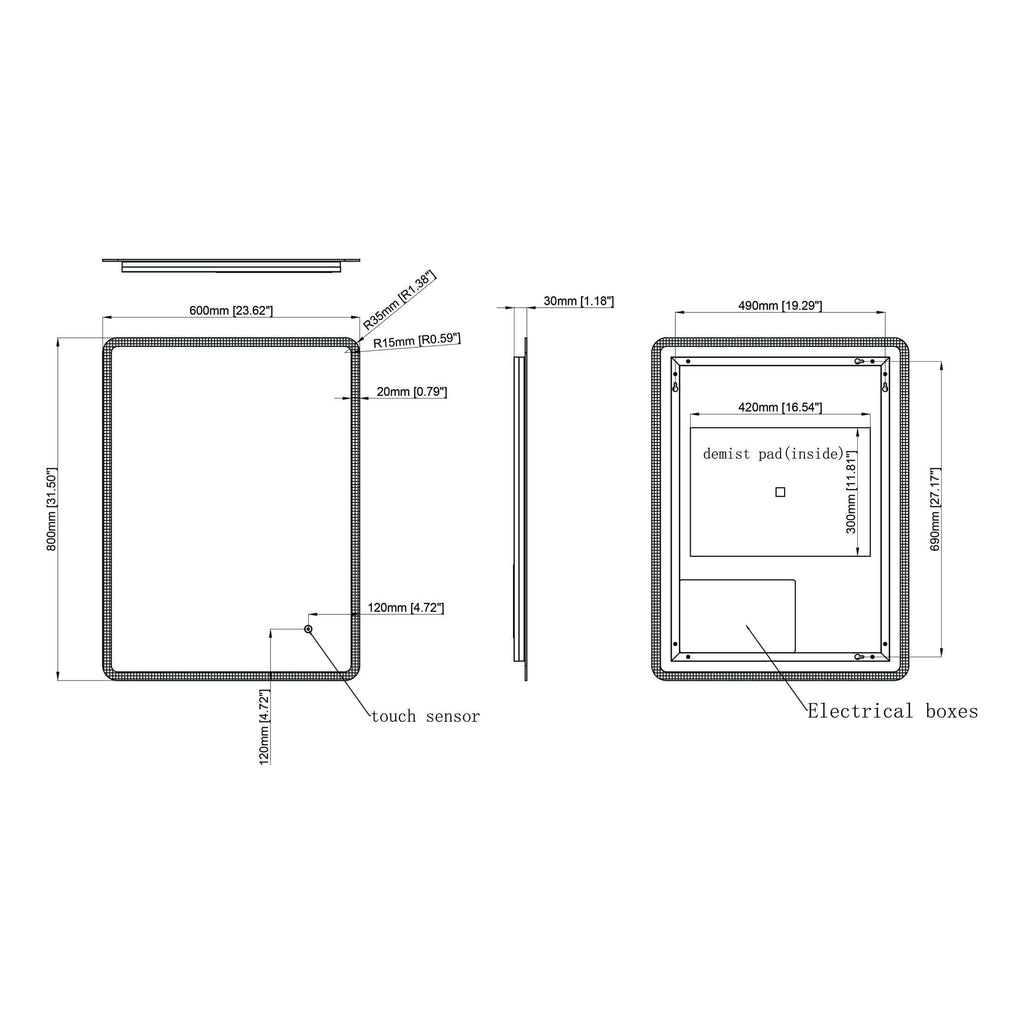 High-resolution technical drawing of Bubly Bathrooms shower control panel with detailed dimensions, touch sensor, electrical boxes, and interior demist pad, highlighting modern bathroom fixtures and design.