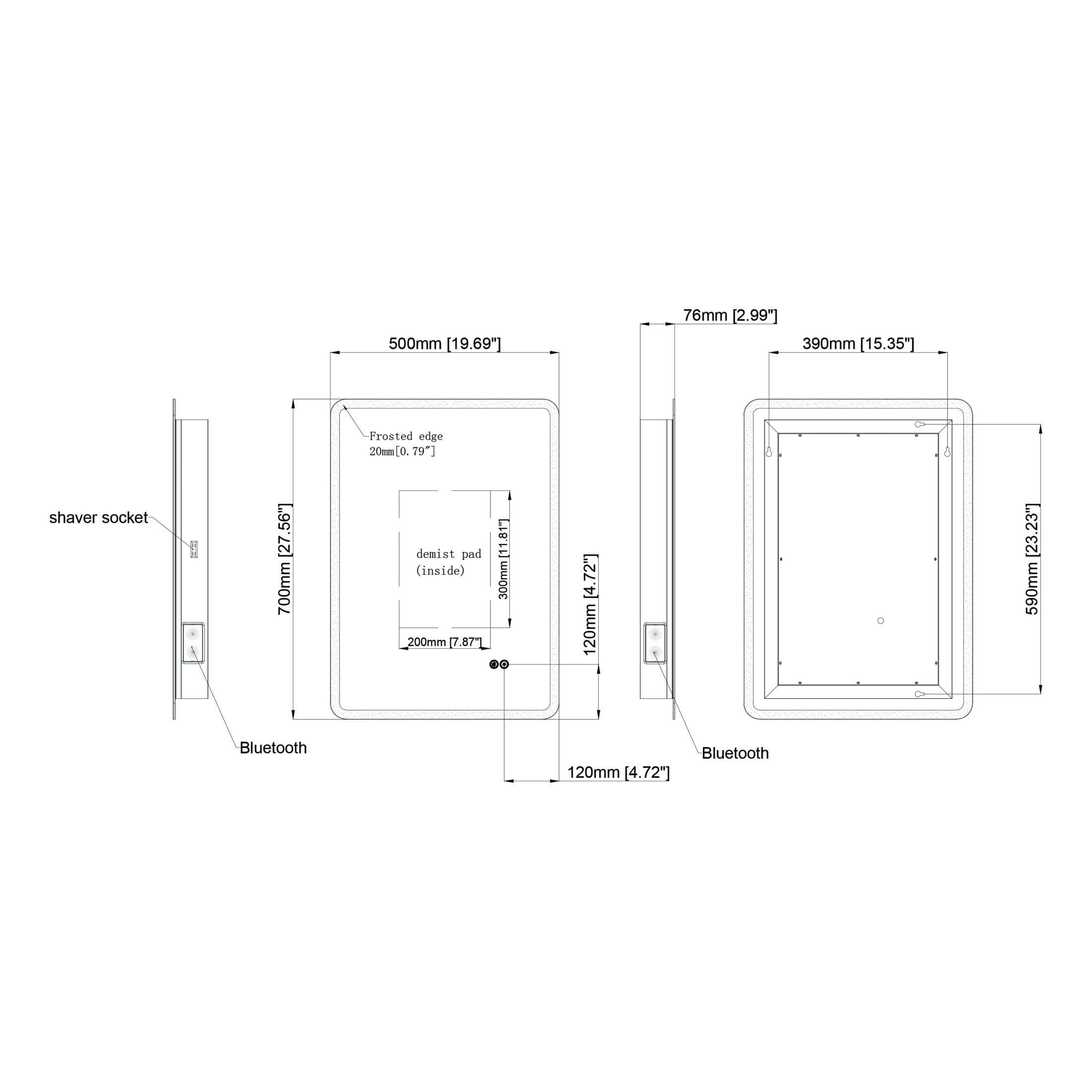 A detailed technical drawing of the Bubly Bathrooms shaver mirror with dimensions, including front and side views, also showing Bluetooth connectivity and frosted edges.