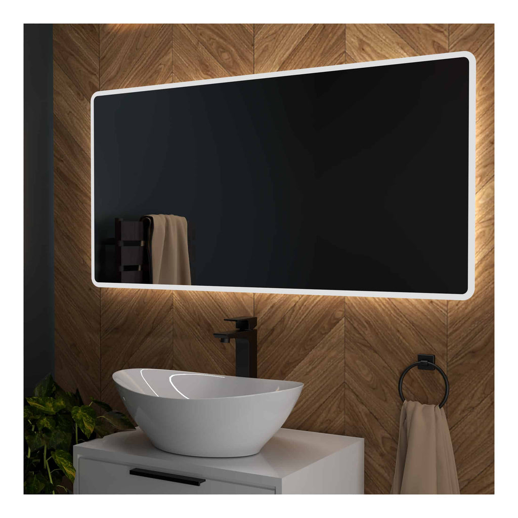 Contemporary bathroom mirror with integrated LED lighting behind a sleek wooden wall, paired with a modern white vessel sink and black fixtures for a stylish, minimalist bathroom design.