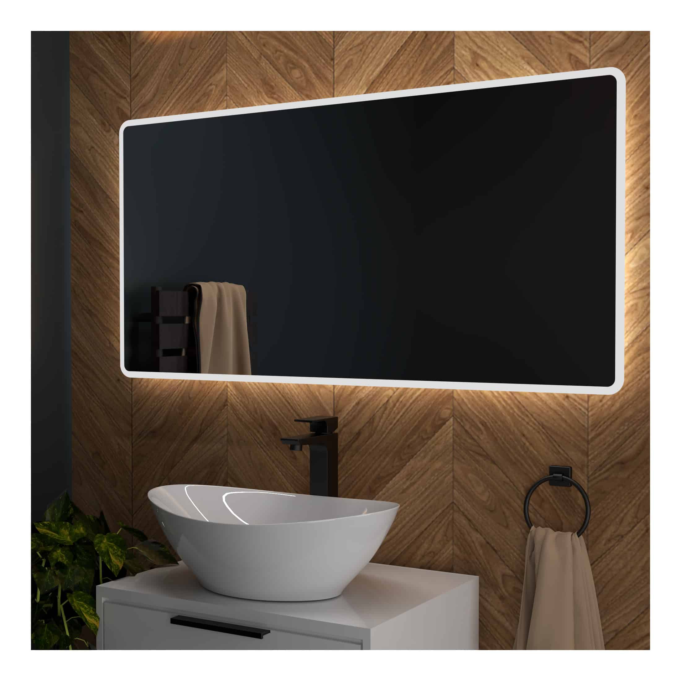 Contemporary bathroom mirror with integrated LED lighting behind a sleek wooden wall, paired with a modern white vessel sink and black fixtures for a stylish, minimalist bathroom design.