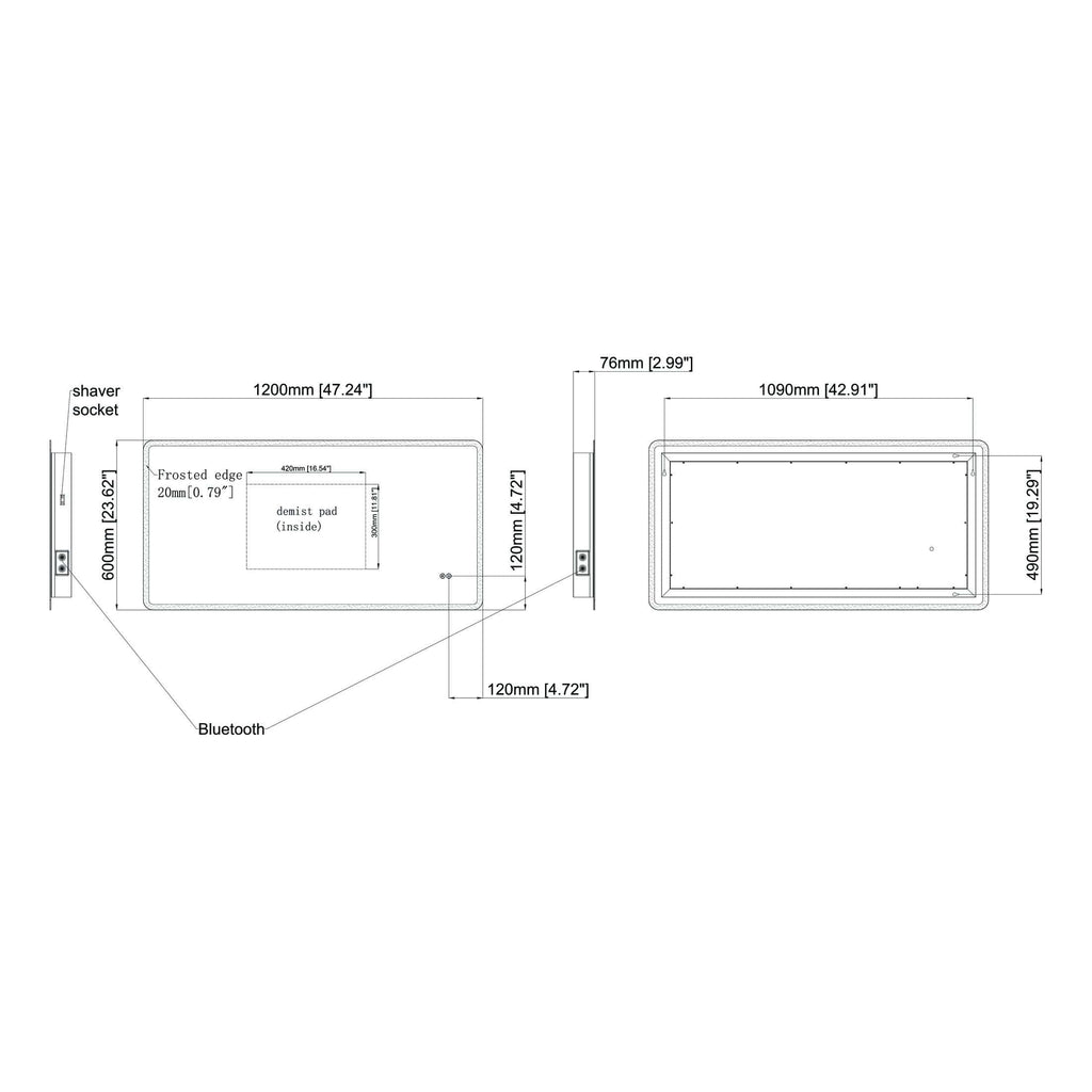 3650X Alt text: Technical blueprint of Bubly Bathrooms' innovative bathroom mirror featuring Bluetooth, shaver socket, and demist pad with detailed dimensions.