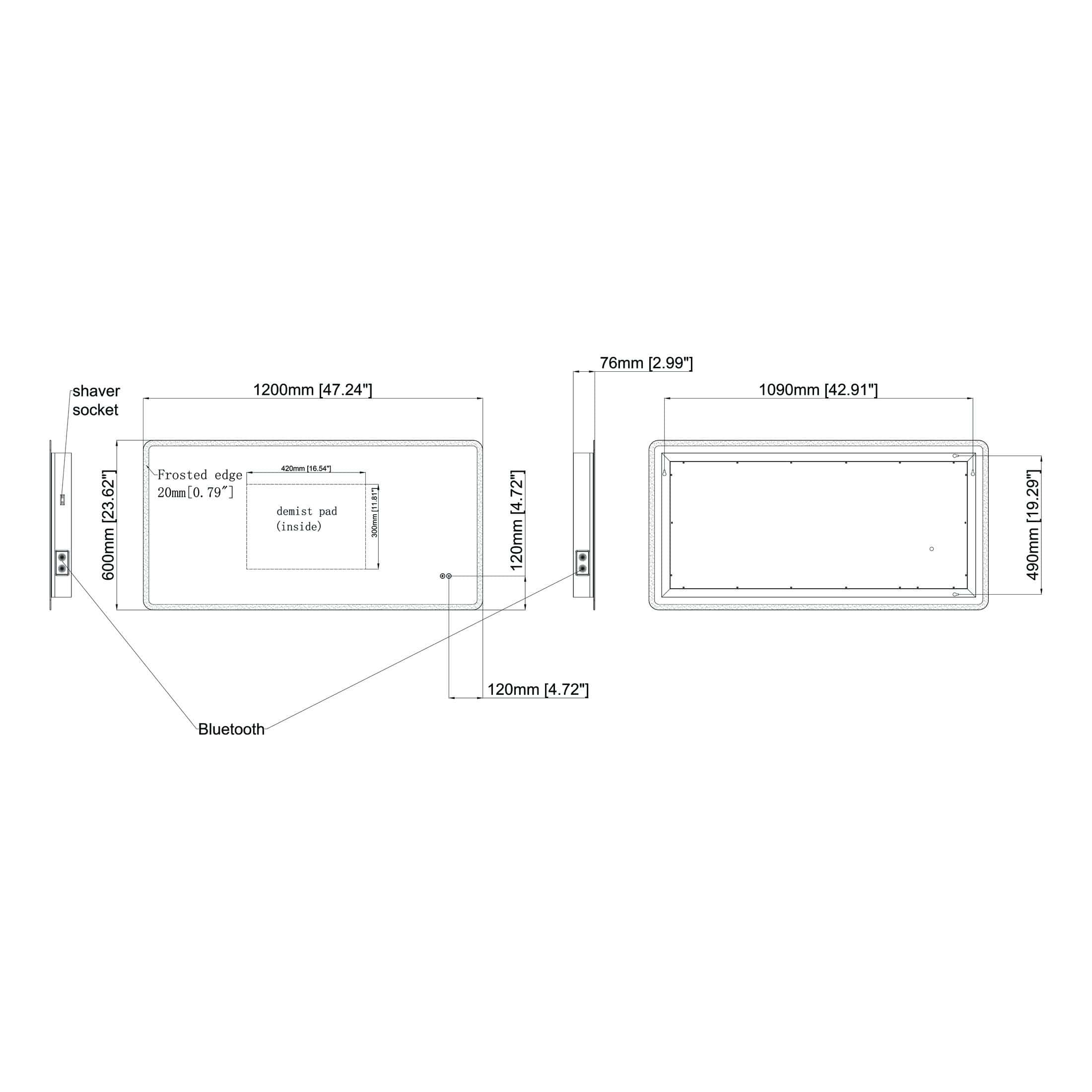 3650X Alt text: Technical blueprint of Bubly Bathrooms' innovative bathroom mirror featuring Bluetooth, shaver socket, and demist pad with detailed dimensions.
