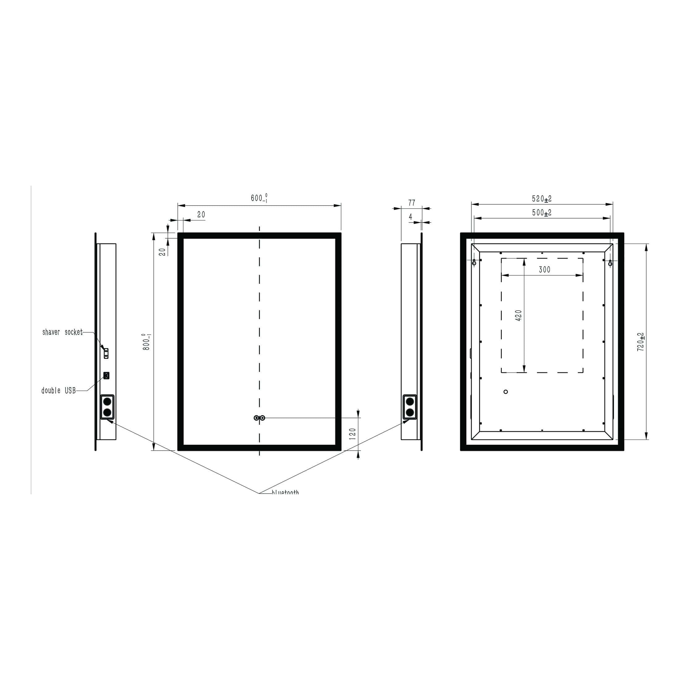 High-tech shower enclosure with detailed dimensions, side views, and built-in features, designed for luxurious bathroom upgrades by Bubly Bathrooms.