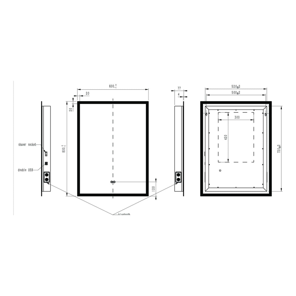 High-tech shower enclosure with detailed dimensions, side views, and built-in features, designed for luxurious bathroom upgrades by Bubly Bathrooms.