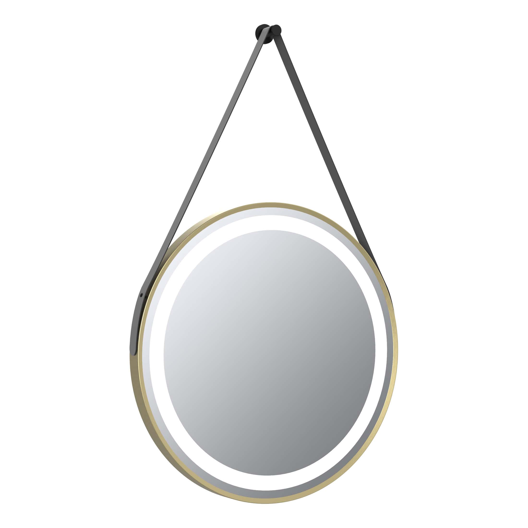 Stylish round bathroom mirror with LED backlight, hung on a black leather strap for modern bathroom decor and enhanced illumination. Perfect for contemporary bathroom designs.