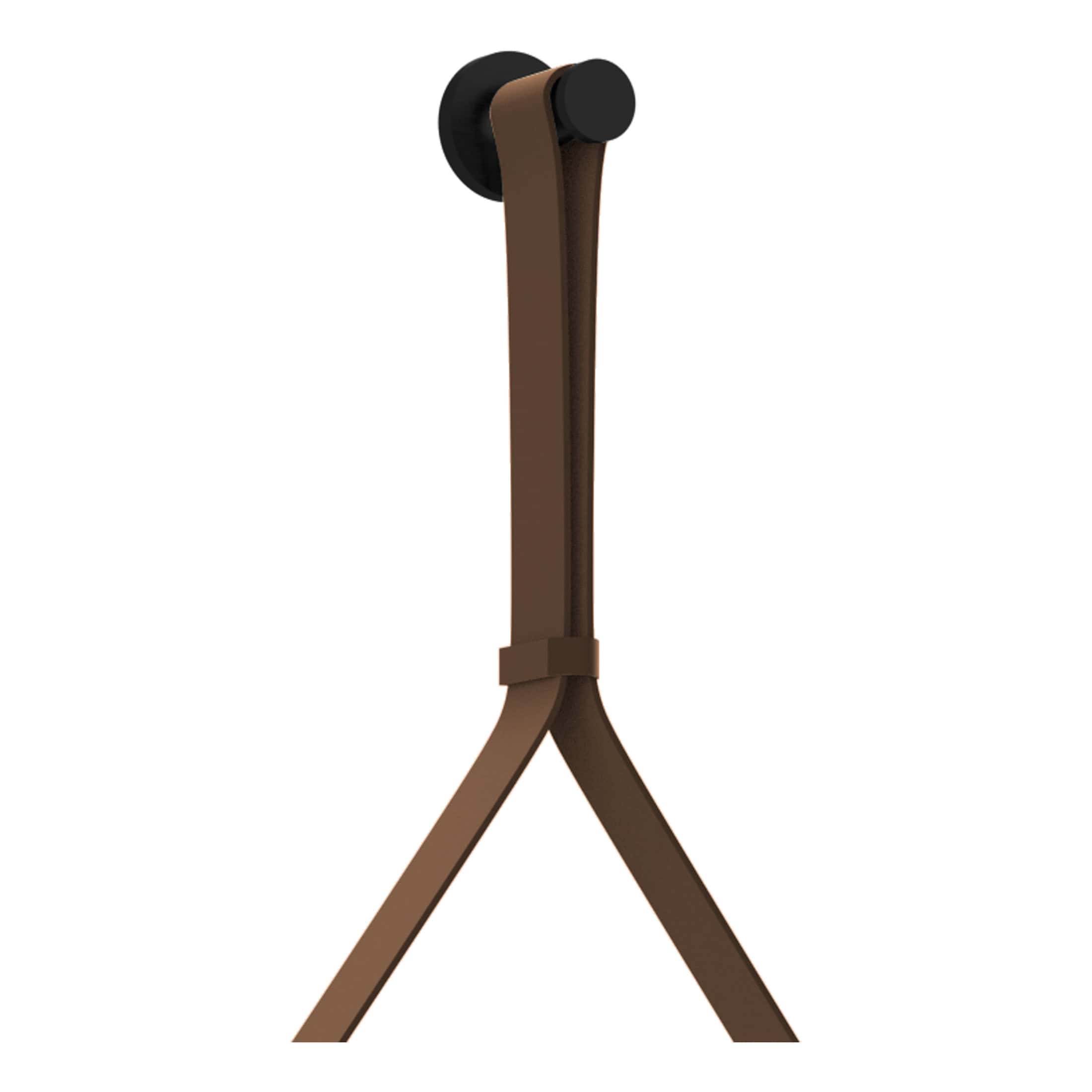Foldable brown bathroom shower seat with black roller wheels for space-saving and convenient use.