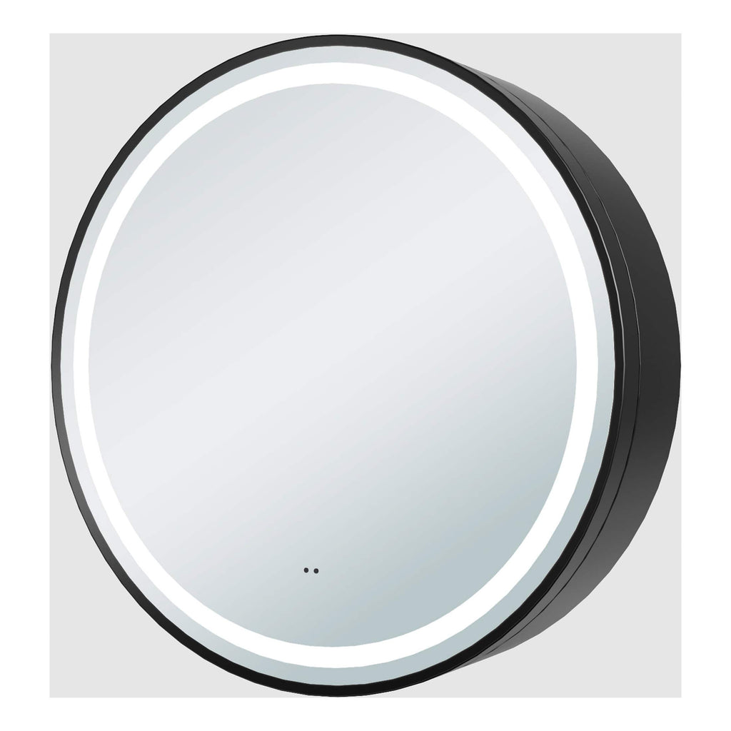 High-tech round LED bathroom mirror with defogger, built-in lighting, and sleek black frame, ideal for modern bathrooms and vanity areas. Perfect for contemporary bathroom decor.