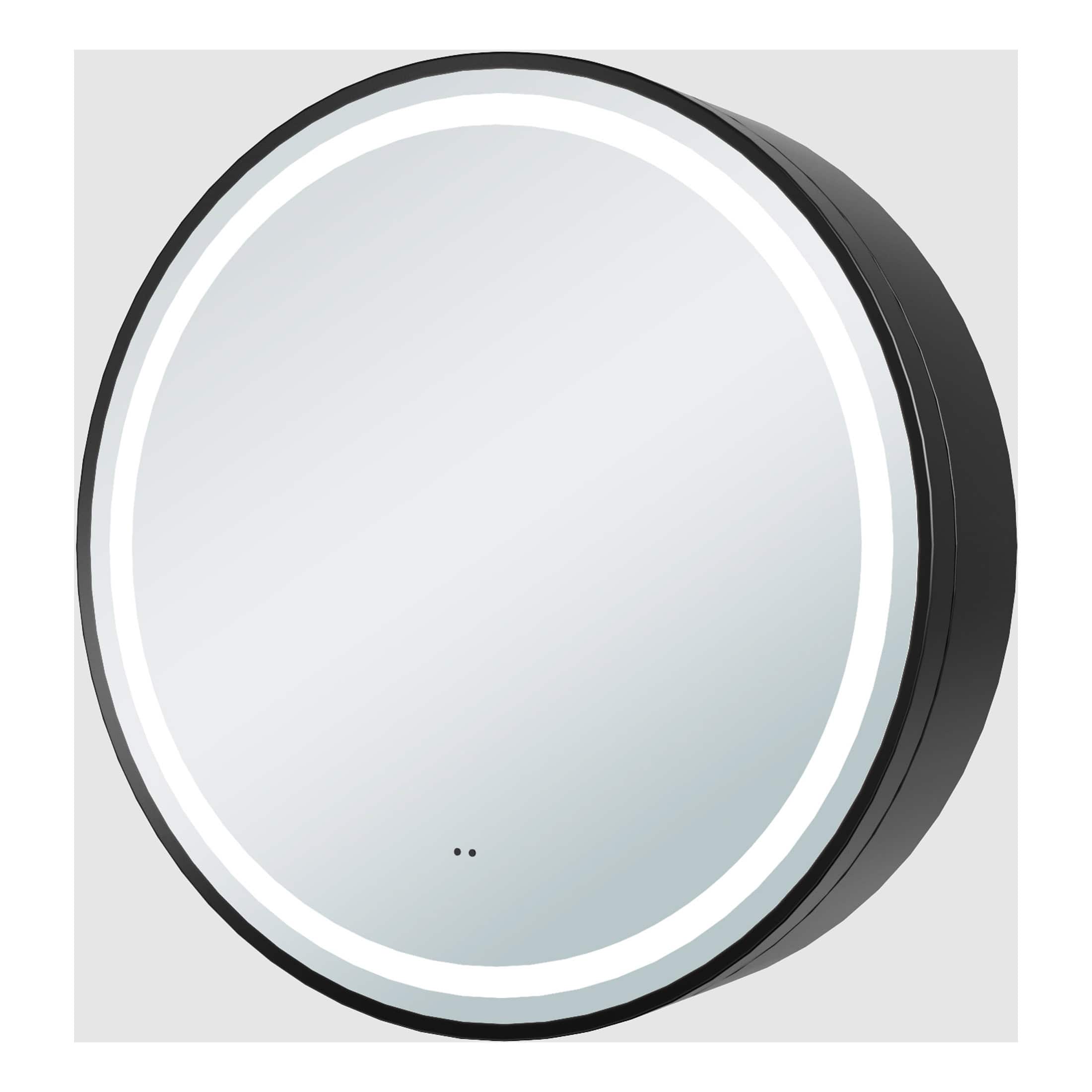 High-tech round LED bathroom mirror with defogger, built-in lighting, and sleek black frame, ideal for modern bathrooms and vanity areas. Perfect for contemporary bathroom decor.
