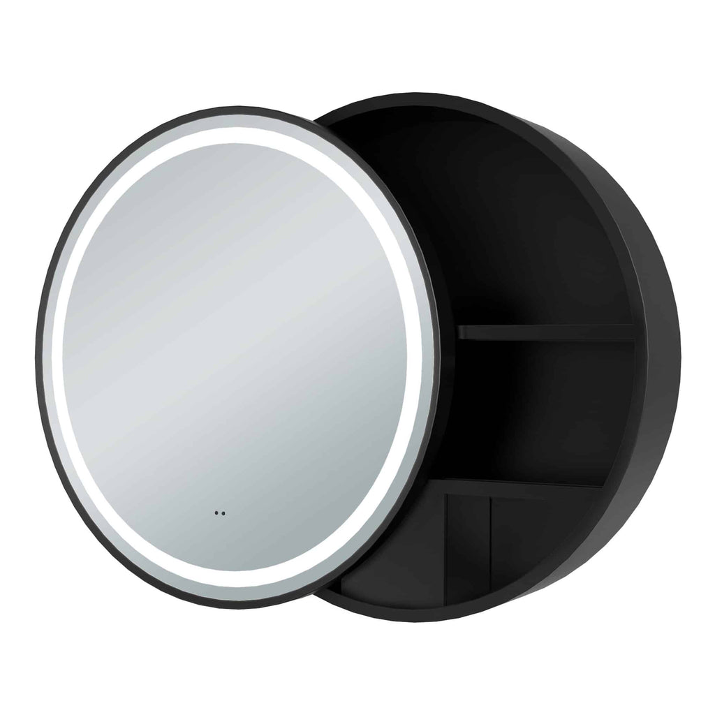 Modern round LED bathroom mirror with built-in lighting and black storage shelf, ideal for contemporary bathrooms. Perfect for grooming and adding a sleek, stylish touch to your bathroom decor.