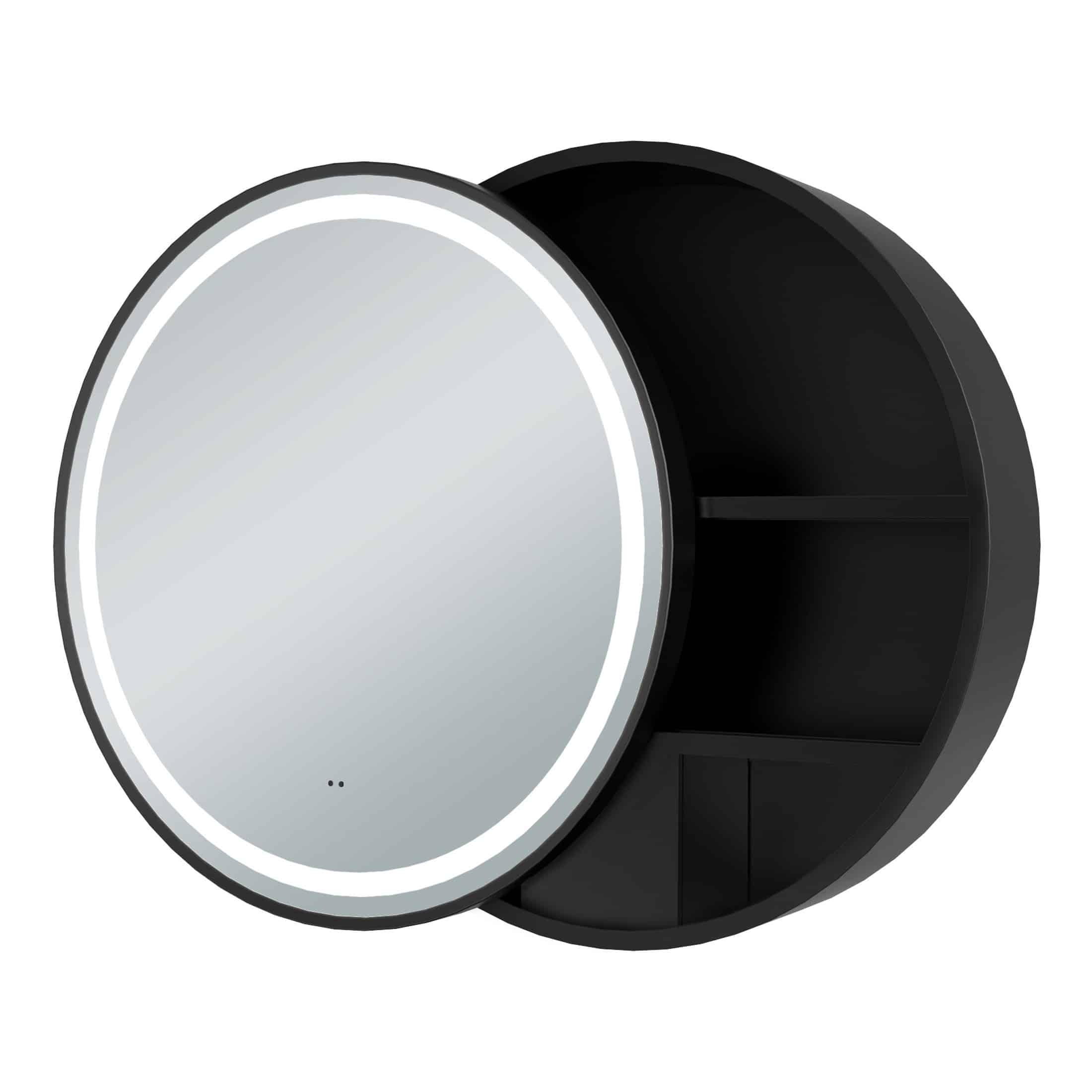 Modern round LED bathroom mirror with built-in lighting and black storage shelf, ideal for contemporary bathrooms. Perfect for grooming and adding a sleek, stylish touch to your bathroom decor.