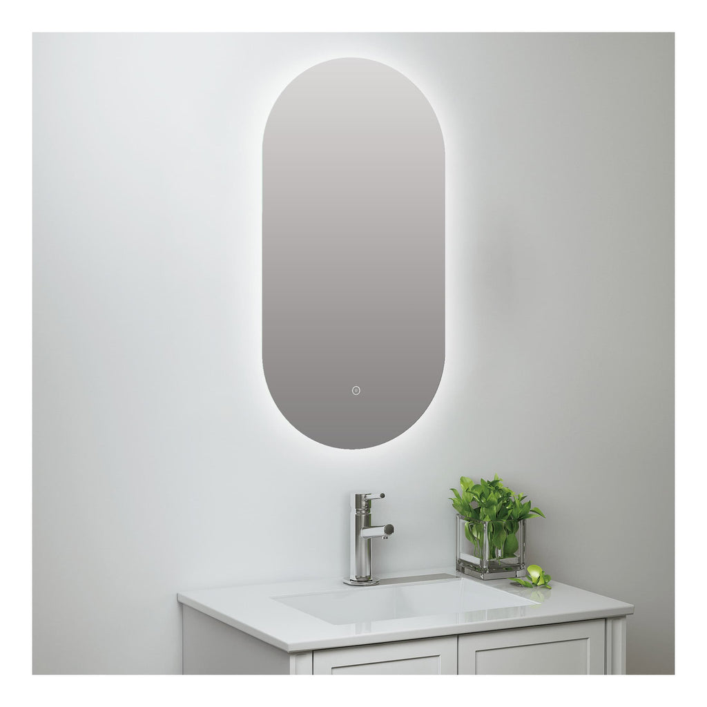 Sleek oval backlit bathroom mirror above modern white sink with chrome tap, featuring LED lighting and clean minimalist design for stylish bathroom decor.