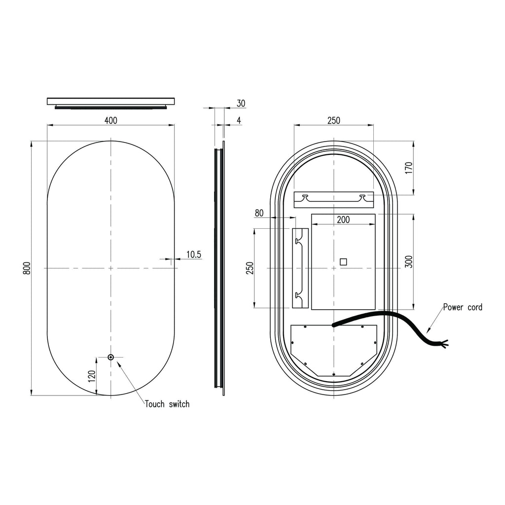 High-tech bathroom pod layout with dimensions, touch switch, power cord, and internal components, ideal for modern bathroom design and easy installation from Bubly Bathrooms.