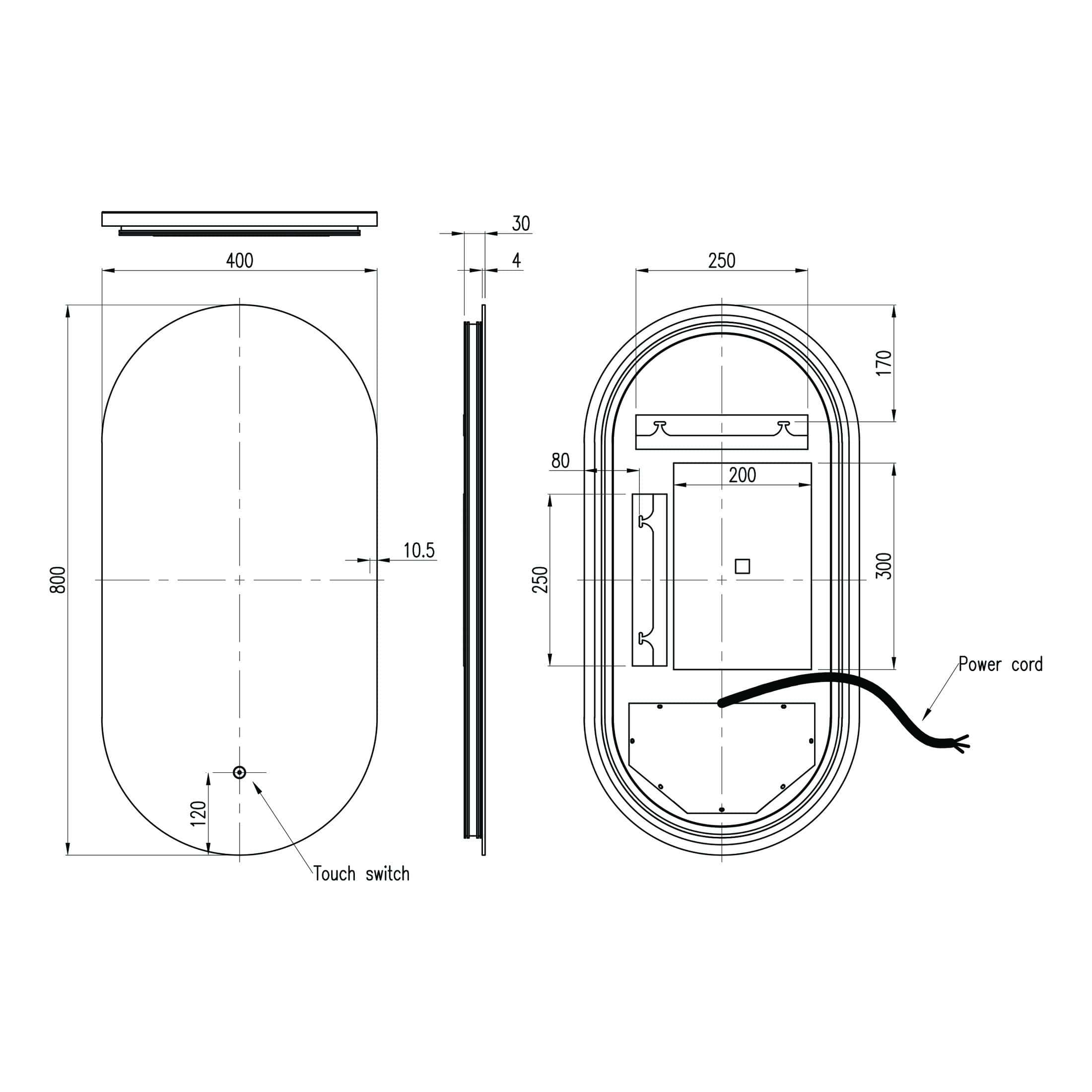 High-tech bathroom pod layout with dimensions, touch switch, power cord, and internal components, ideal for modern bathroom design and easy installation from Bubly Bathrooms.