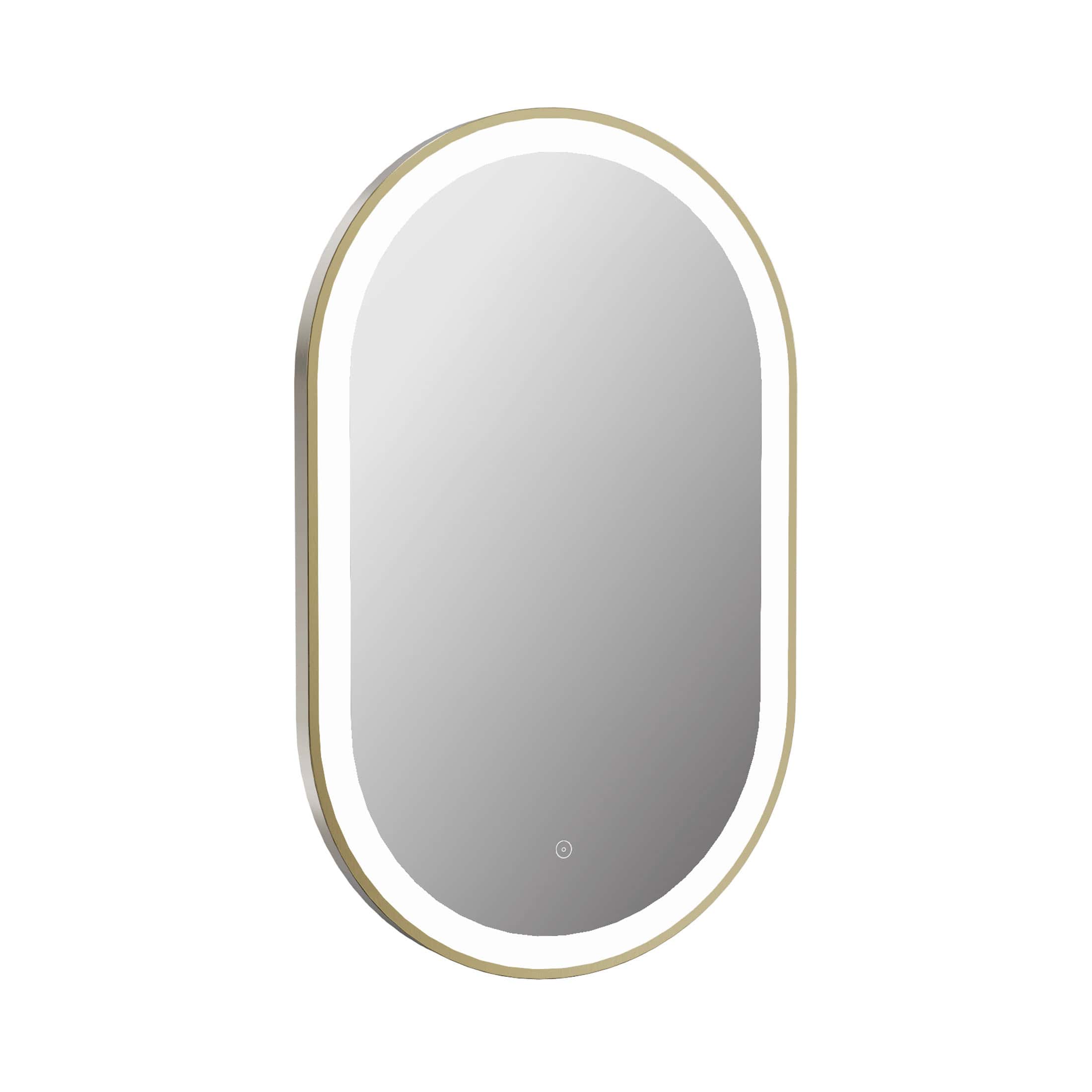 Minimalist oval LED bathroom mirror with built-in lighting, stylish gold trim, ideal for modern bathroom decor and enhancing space illumination.