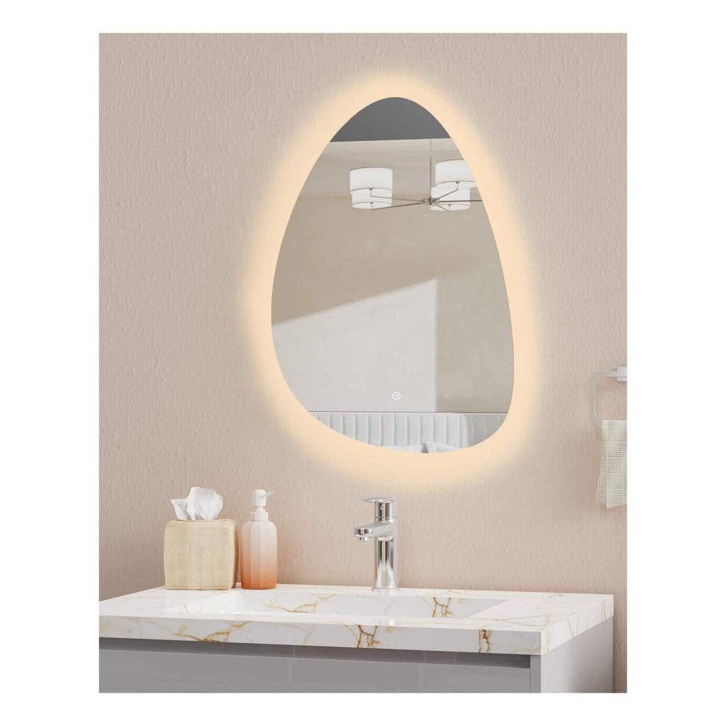 Sleek illuminated bathroom mirror with backlit LED lighting over a marble vanity with modern faucet, showcasing stylish bathroom design ideas for contemporary Bubly bathrooms.