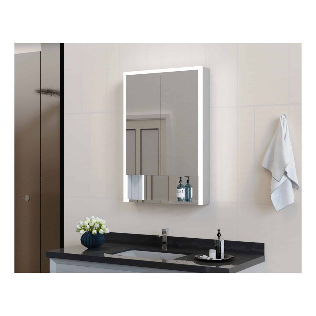 Sleek modern bathroom mirror with integrated LED lighting, mounted above a black granite countertop sink, featuring elegant bathroom accessories and a wall-mounted towel holder.