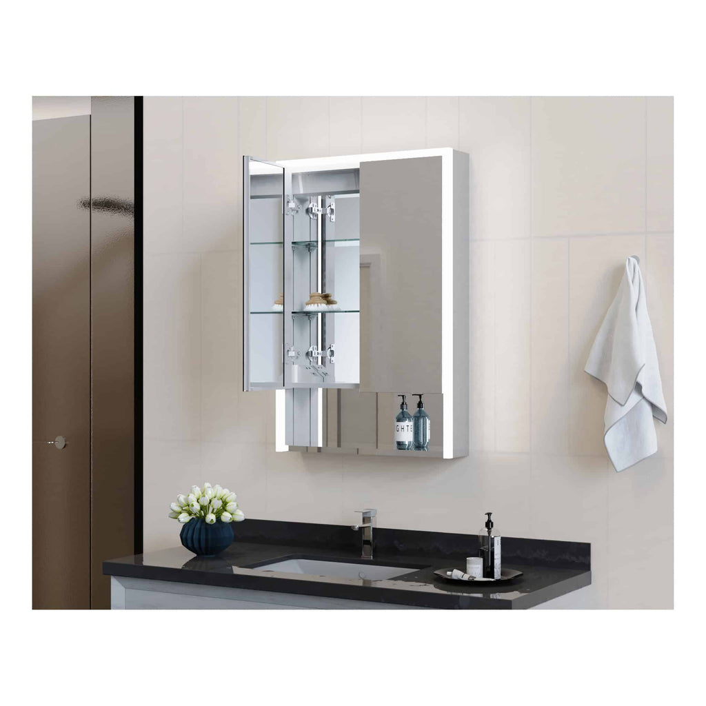 Elegant modern bathroom mirror cabinet with glass shelves, white finish, and storage for toiletries, ideal for contemporary bathroom decor and organisation, featuring a sleek design.