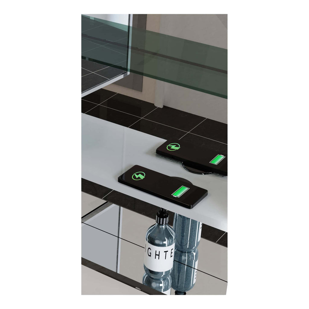 Wireless charging devices with green LED indicators on a modern bathroom countertop.