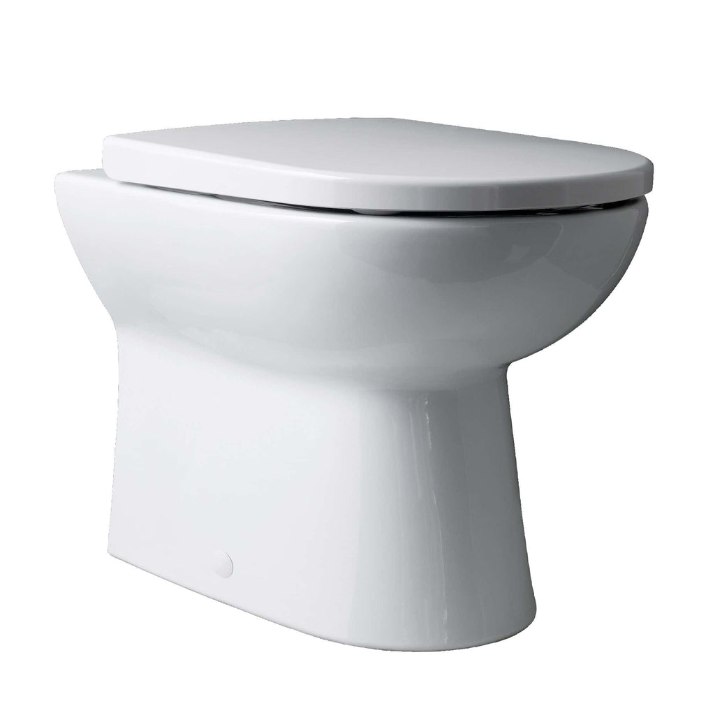 Sleek white modern toilet with a closed lid, designed for contemporary bathrooms, showcasing high-quality ceramic finish and space-saving shape.
