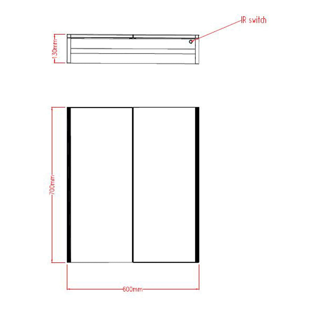 Adjustable bathroom cabinet design with dimensions and IR switch; ideal for modern bathroom storage solutions, durable materials, space-saving design, and sleek finish.