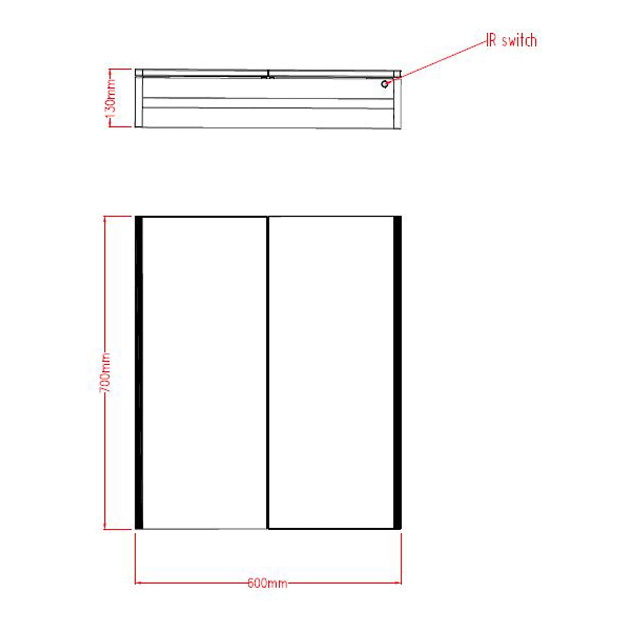 Adjustable bathroom cabinet design with dimensions and IR switch; ideal for modern bathroom storage solutions, durable materials, space-saving design, and sleek finish.