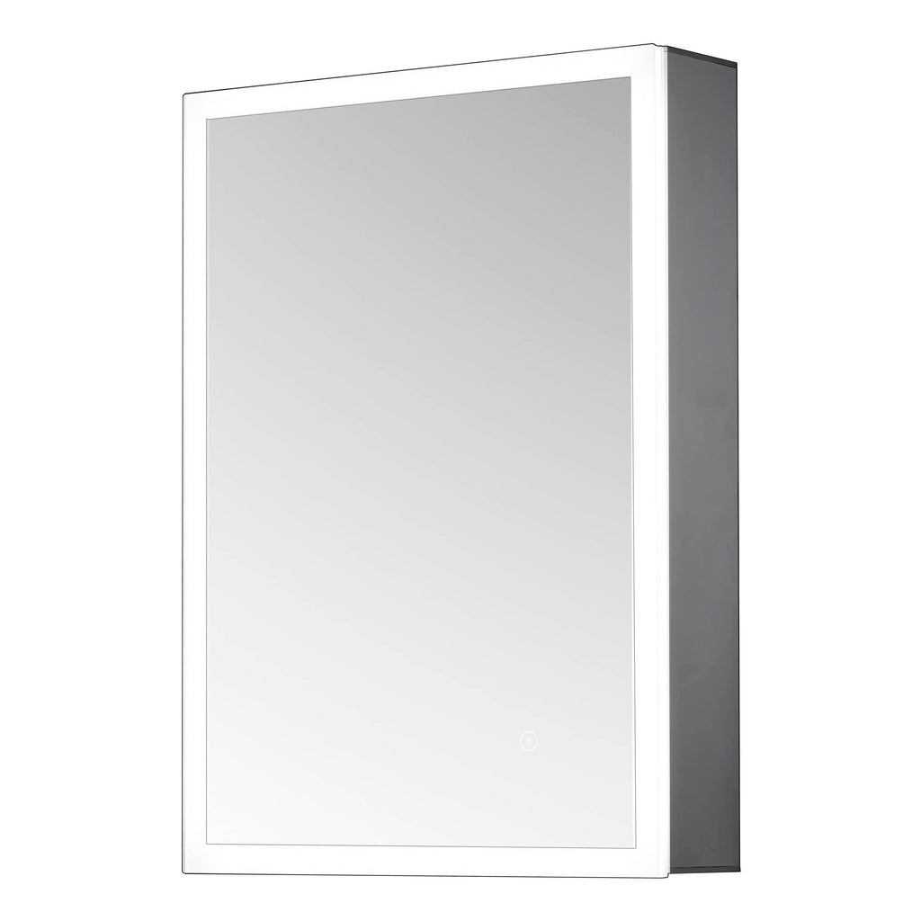 Bright white bathroom mirror cabinet with sleek modern design and an integrated touch sensor LED light for stylish and functional bathroom storage.