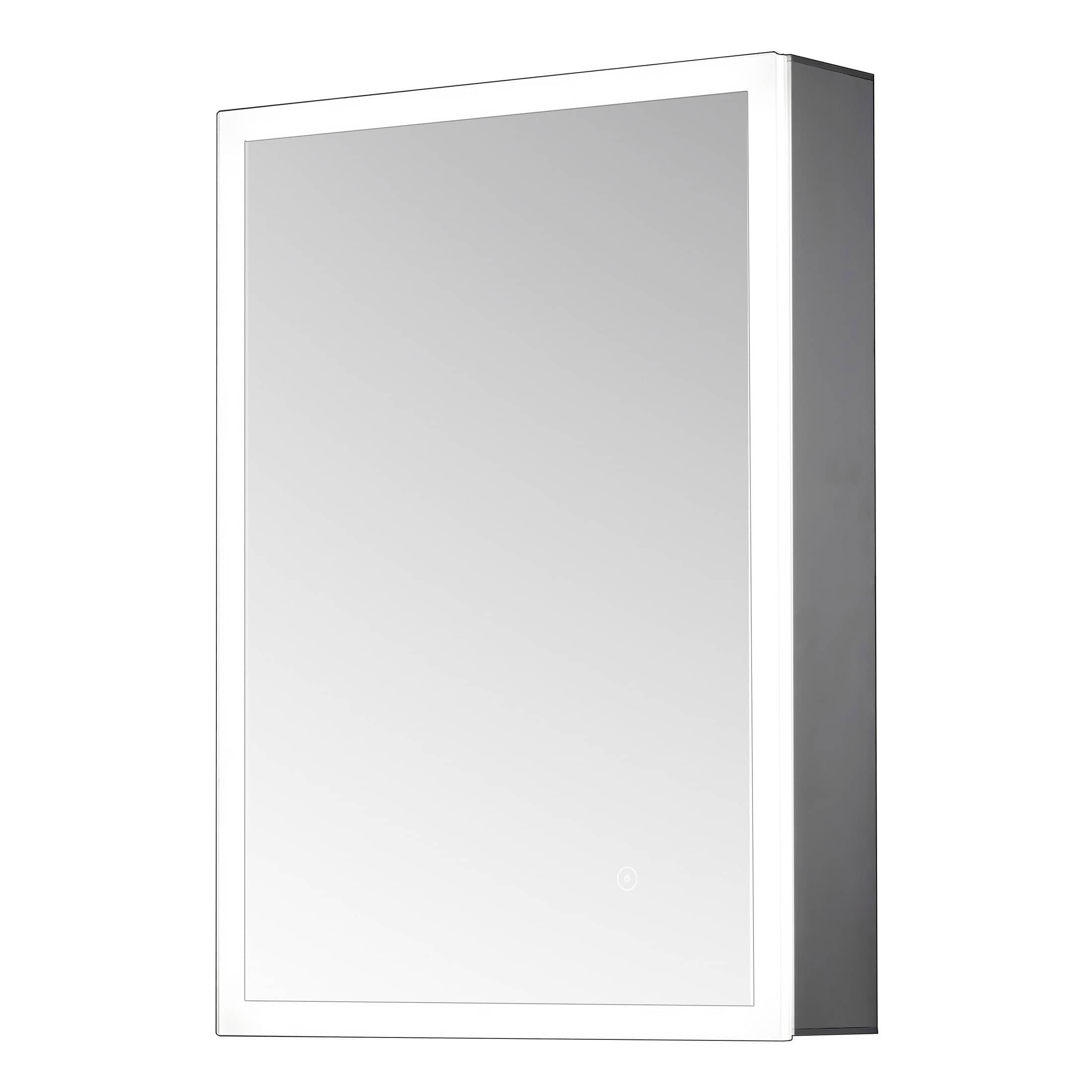 Bright white bathroom mirror cabinet with sleek modern design and an integrated touch sensor LED light for stylish and functional bathroom storage.