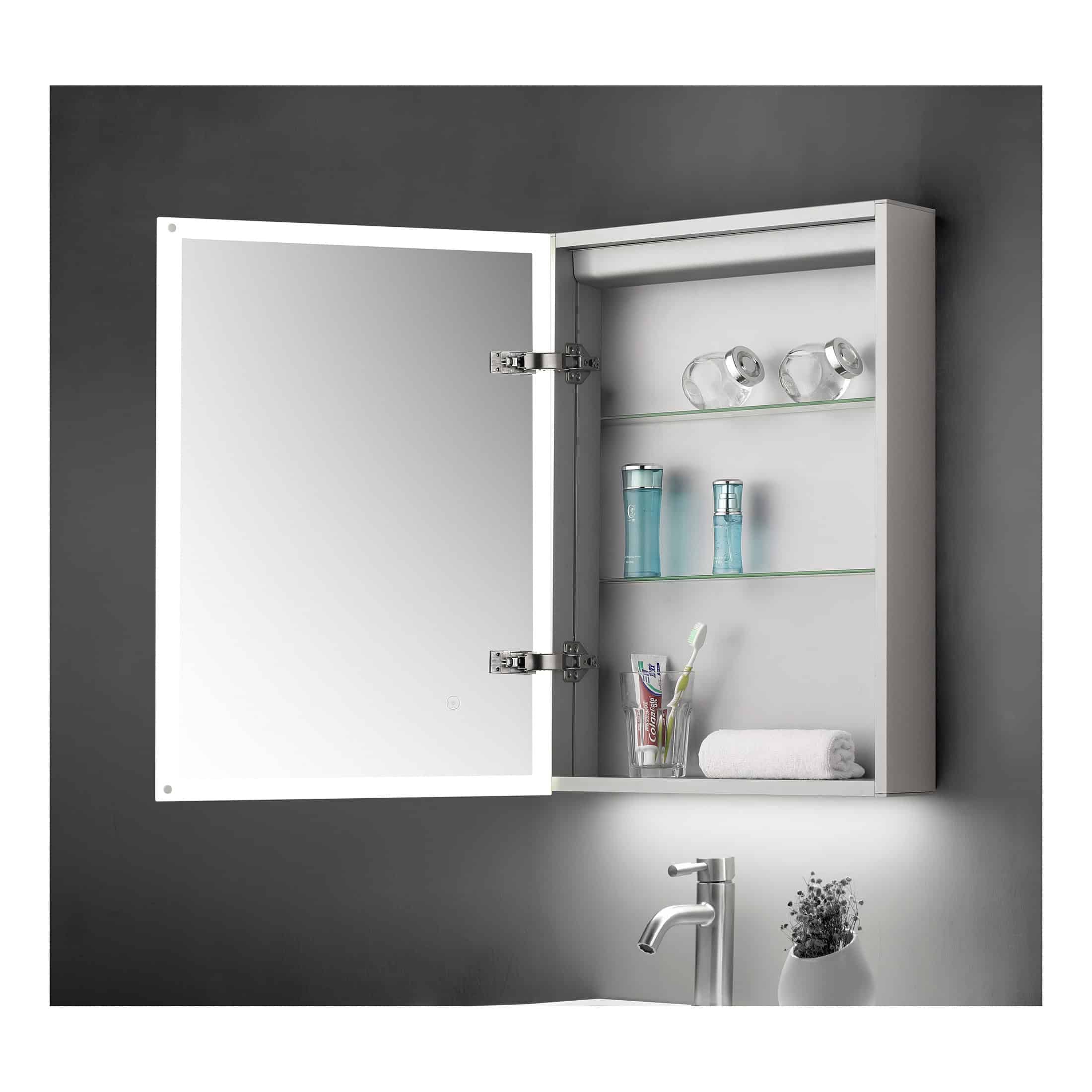 Sleek white bathroom mirror cabinet with glass shelves, ideal for bathroom storage and organisation, featuring a modern design and durable construction.
