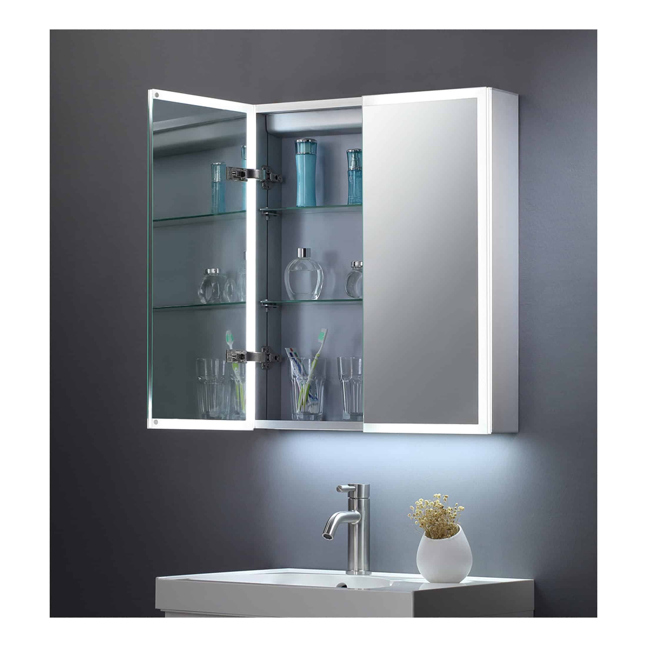 Shower cabinet with mirrored door and glass shelves displaying toiletries in a modern bathroom.