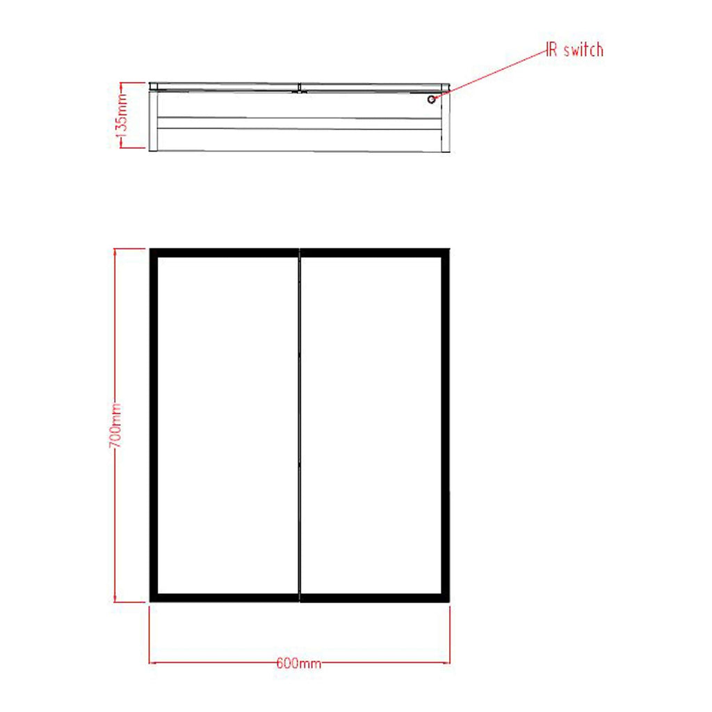 Light grey panel with integrated infrared (IR) switch, measuring 600mm by 700mm, designed for modern bathroom settings, showcasing sleek design and advanced lighting control features for elegant bathroom decor.