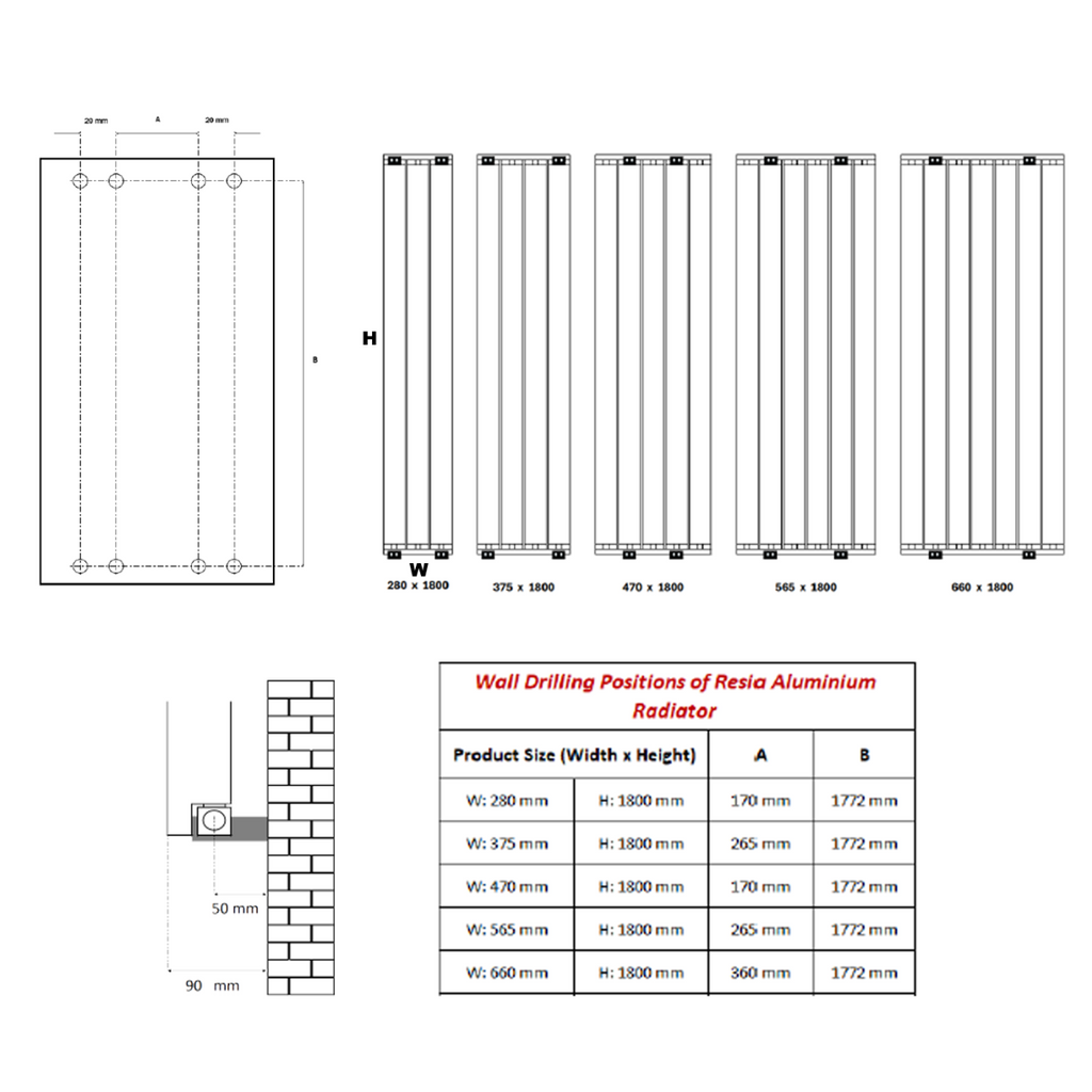 Reina Resia Vertical White Designer Radiator - technical drawing with dimensions