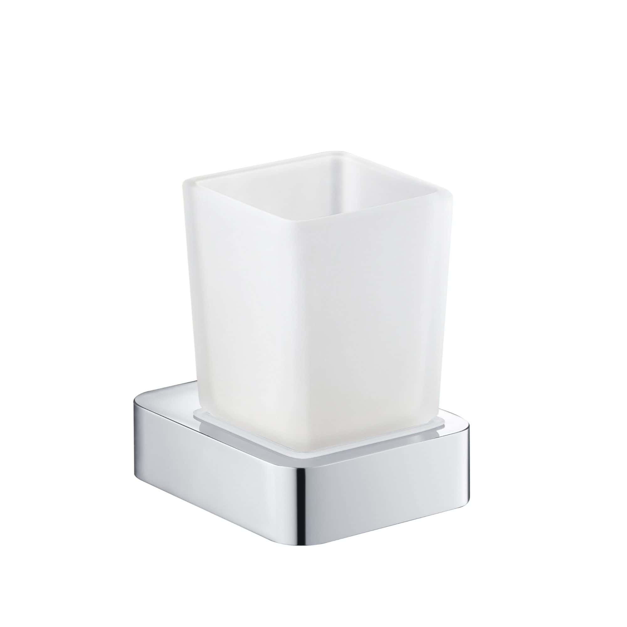 Sleek white bathroom toothbrush holder with chrome base, ideal for modern bathroom decor. Durable plastic construction with elegant finish enhances bathroom organisation.