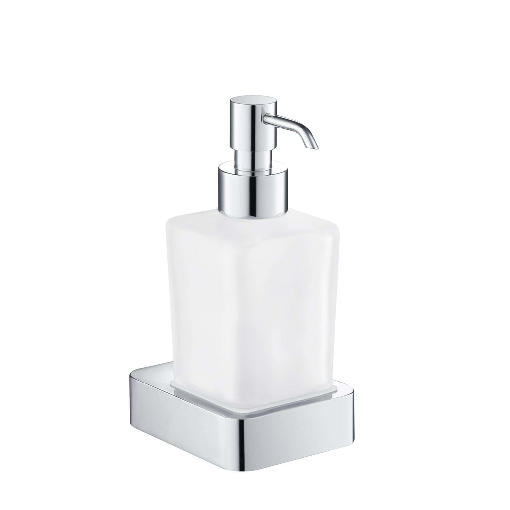 Shiny chrome bathroom soap dispenser with a white frosted glass container on a silver tray, ideal for modern bathroom accessories and hygiene essentials.