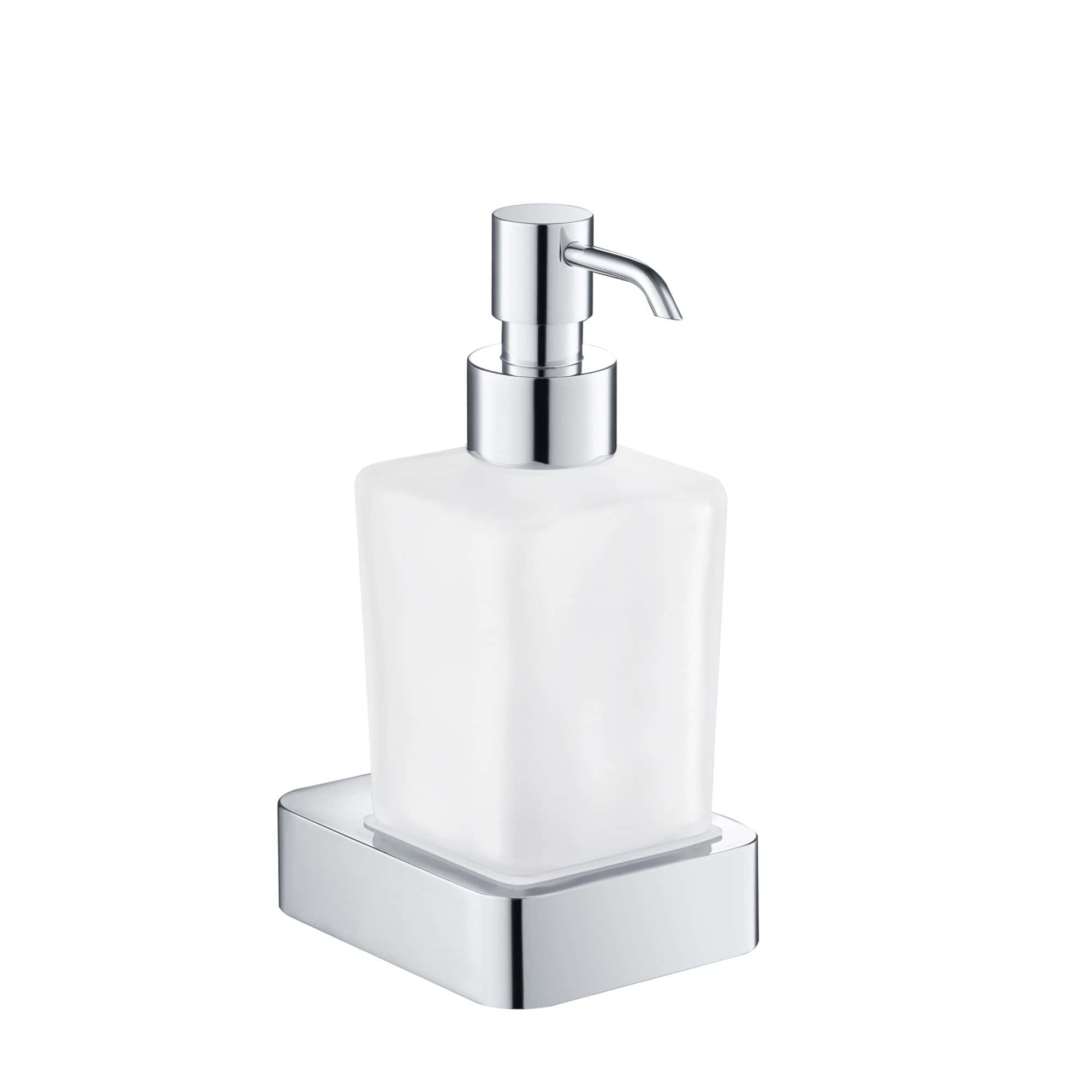 Shiny chrome bathroom soap dispenser with a white frosted glass container on a silver tray, ideal for modern bathroom accessories and hygiene essentials.