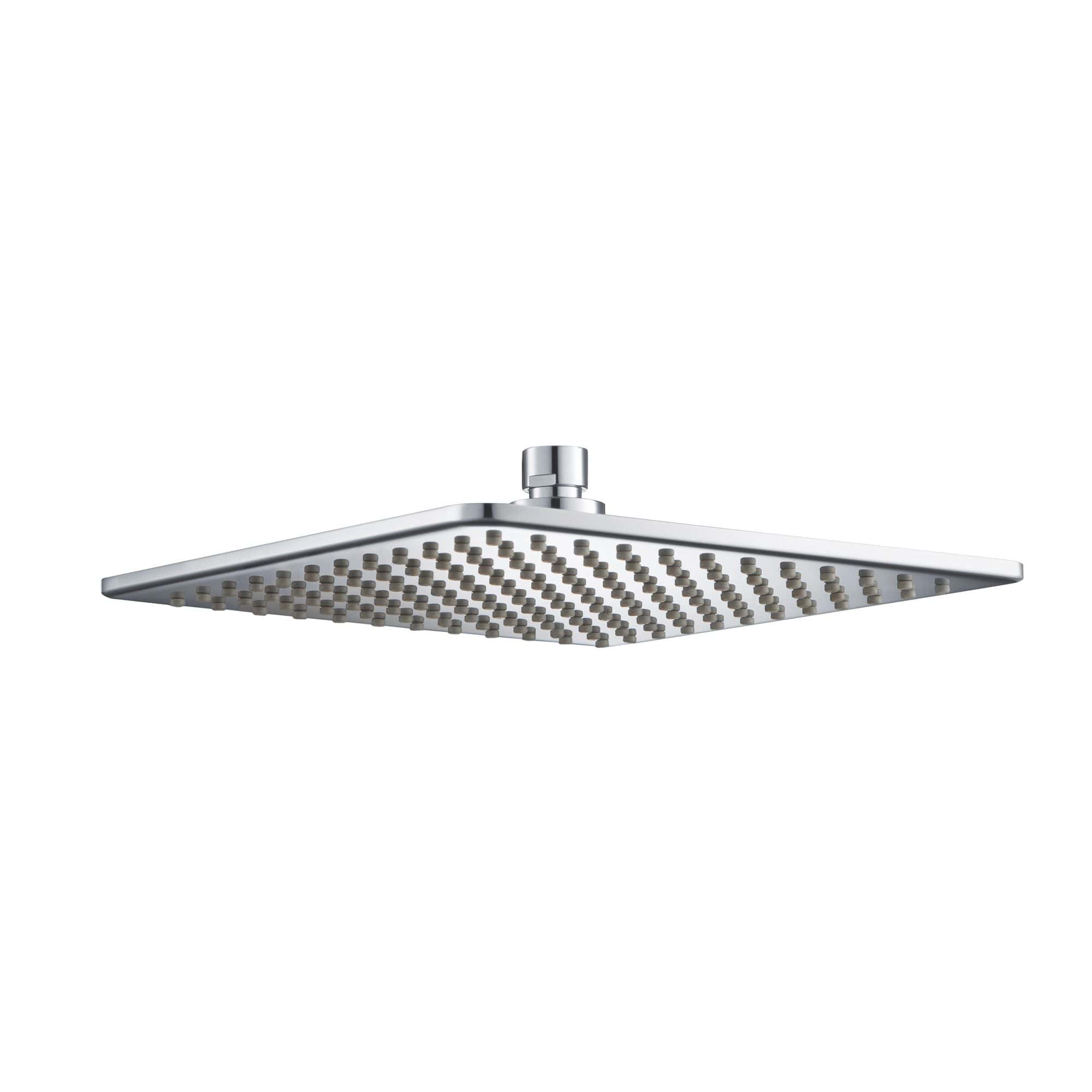 Polished chrome square shower head with adjustable spray nozzles for modern bathroom renovations.
