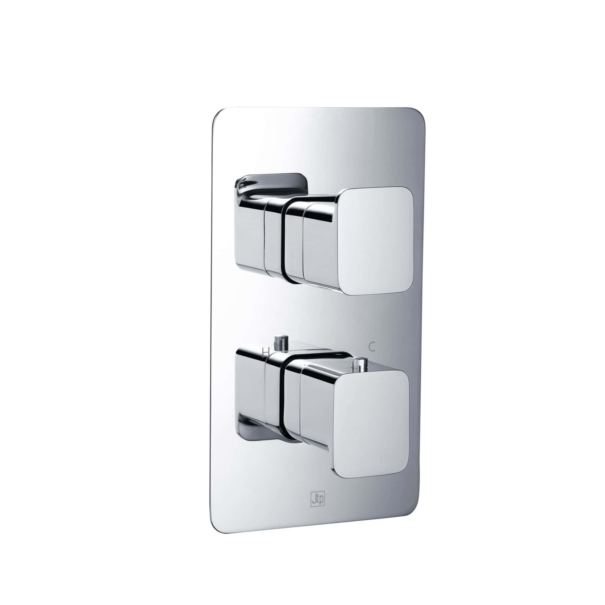 Sleek chrome dual shower control panel with modern square design, ideal for contemporary bathrooms and premium bathroom fixtures.