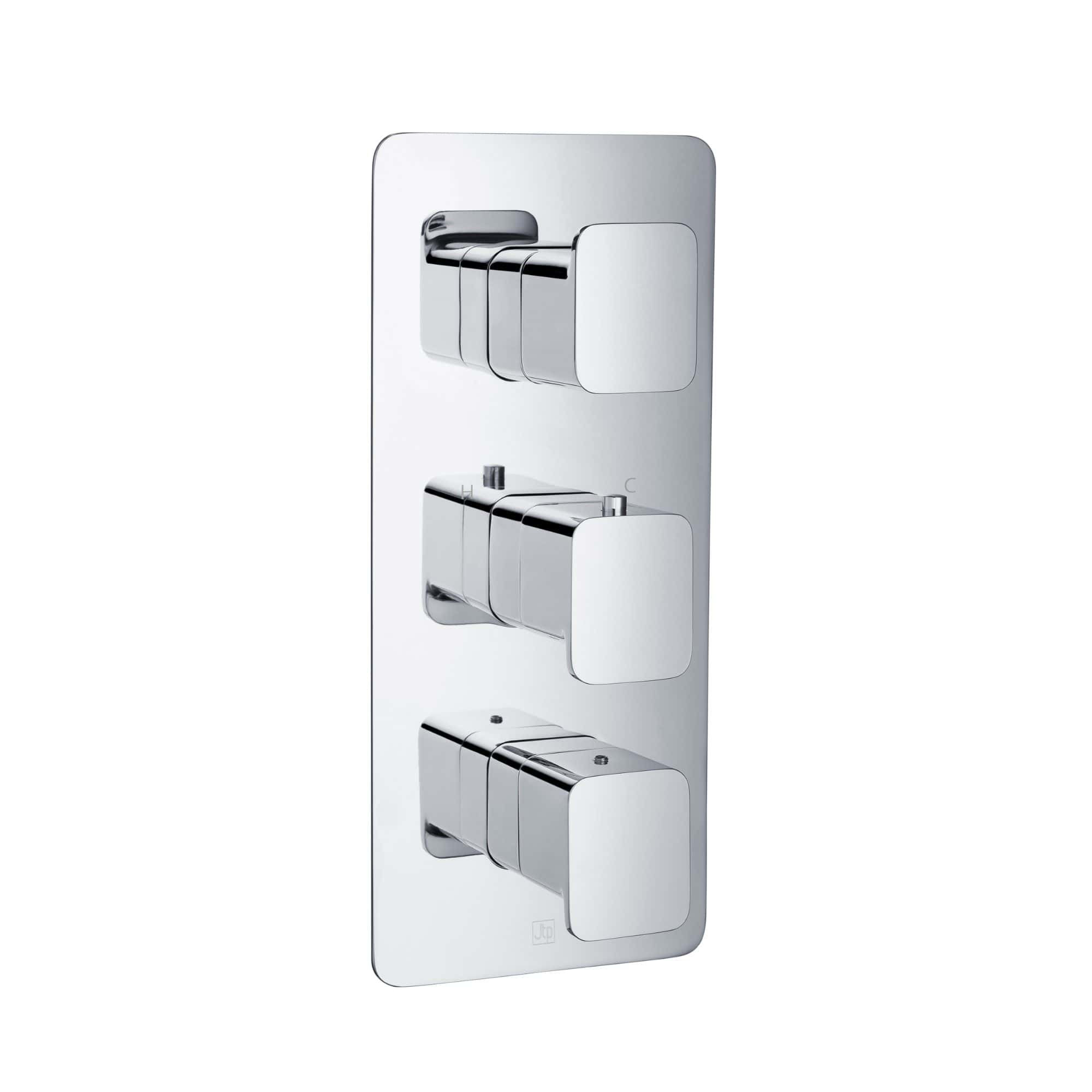 Sleek modern chrome bathroom shower thermostat control panel with three adjustable knobs for precise temperature and water flow regulation. Perfect for contemporary bathroom designs.