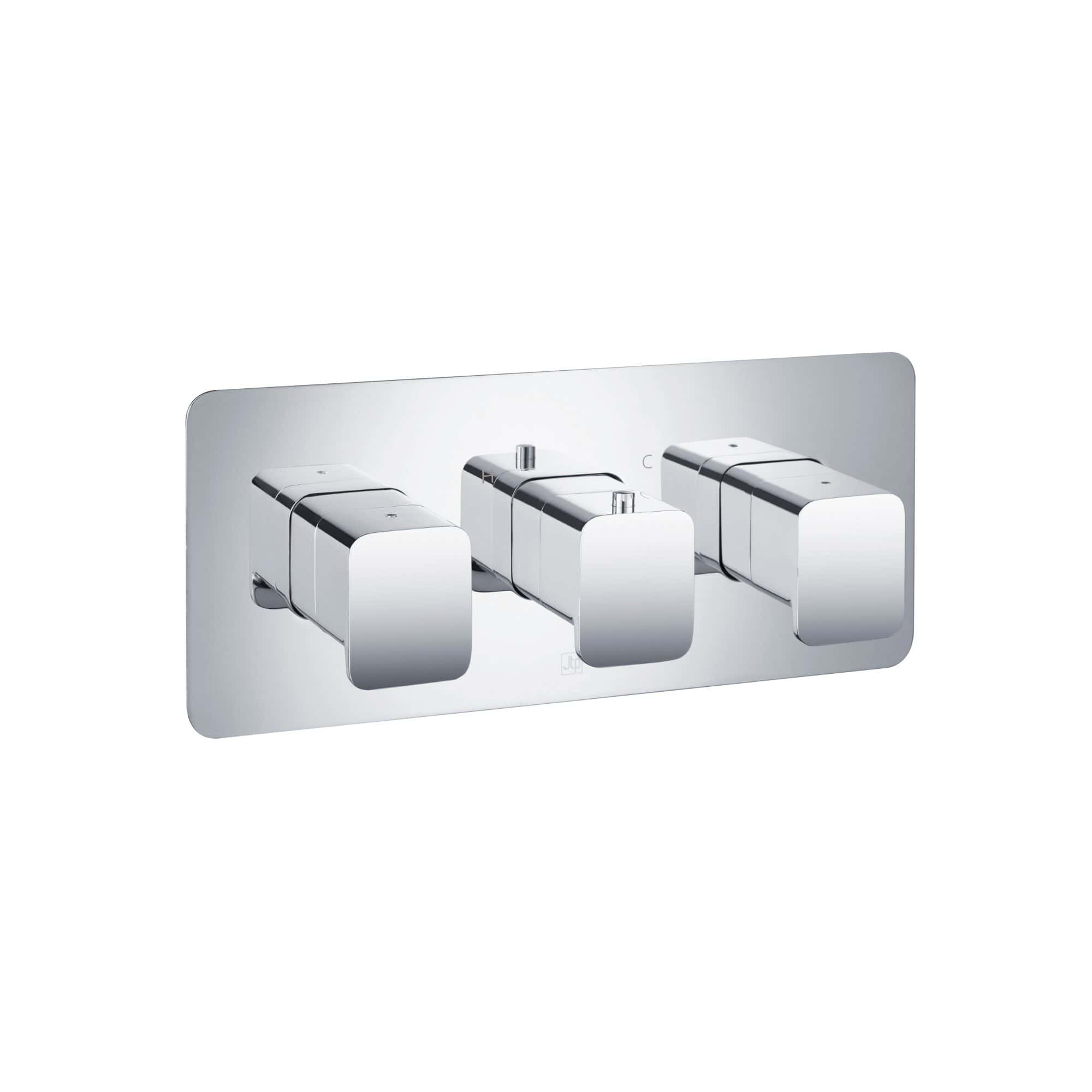 Sleek chrome thermostatic shower valve with three controls mounted on a modern bathroom wall. Ideal for precise water temperature control in contemporary bathrooms.