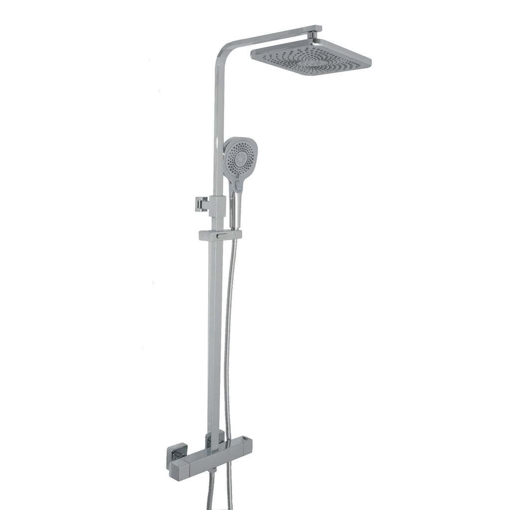 Chrome shower panel with rainfall head, hand shower, and adjustable rail for modern bathroom upgrades.