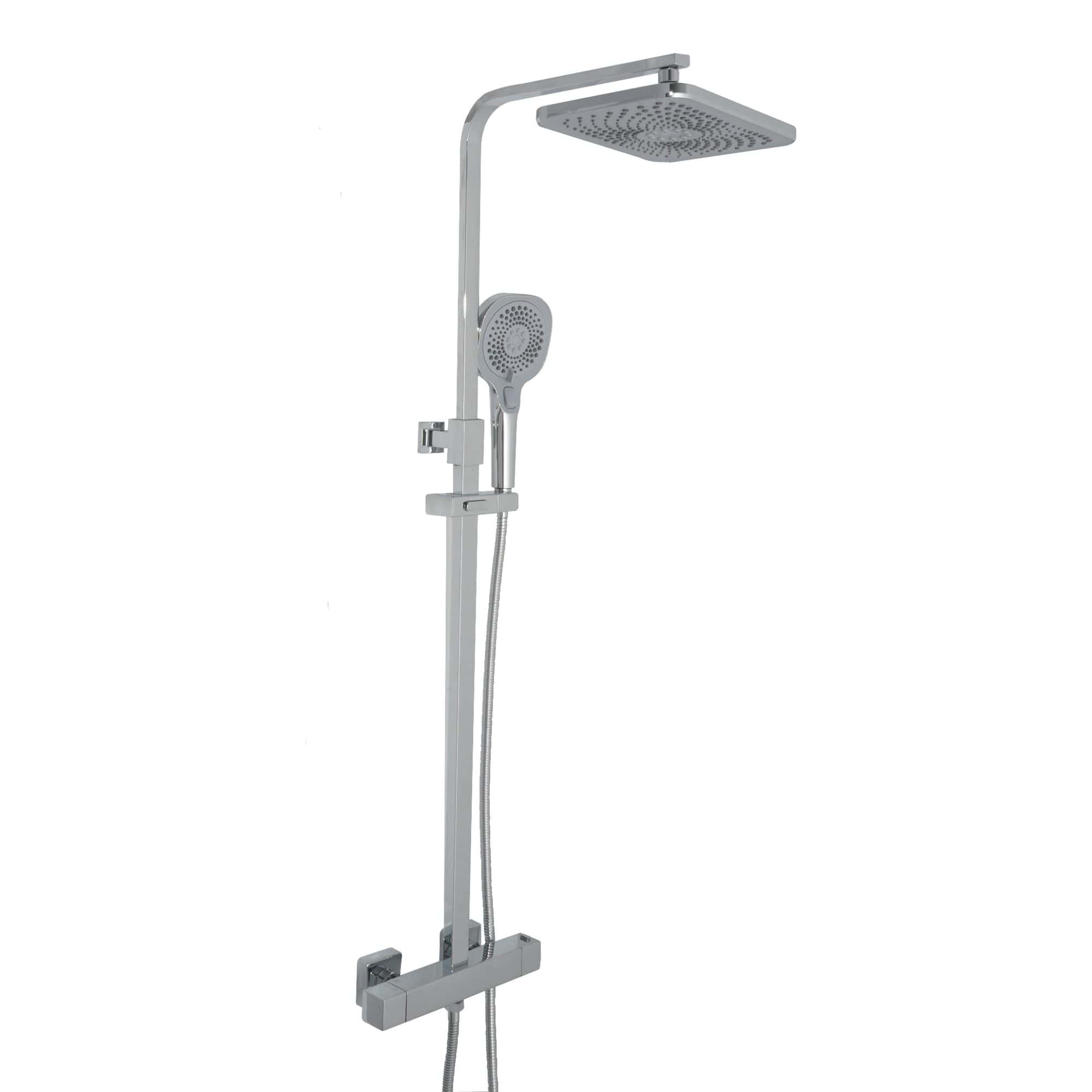 Chrome shower panel with rainfall head, hand shower, and adjustable rail for modern bathroom upgrades.