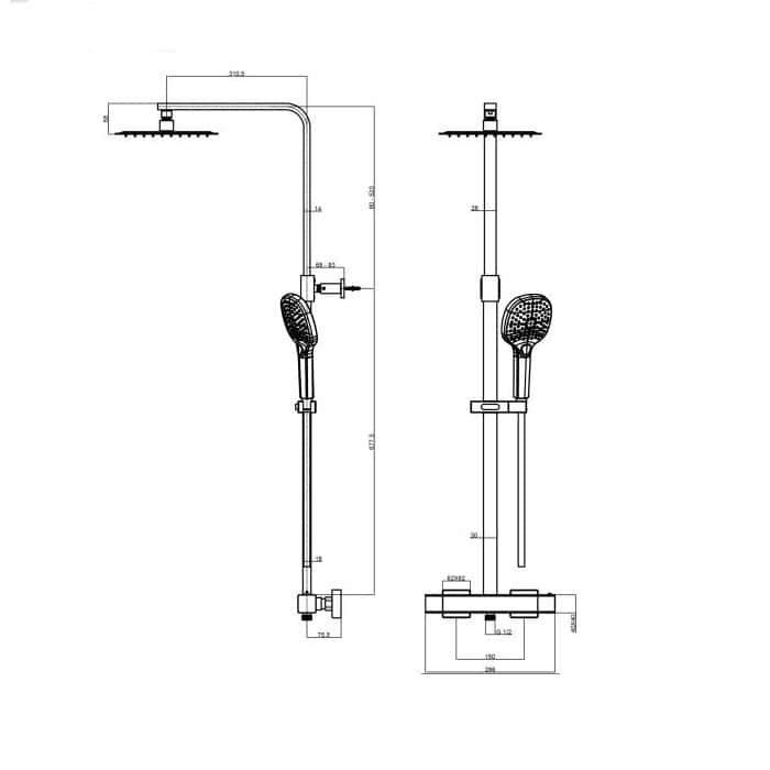 High-resolution plumbing shower system technical drawing with dimensions, suitable for bathroom installation and design.