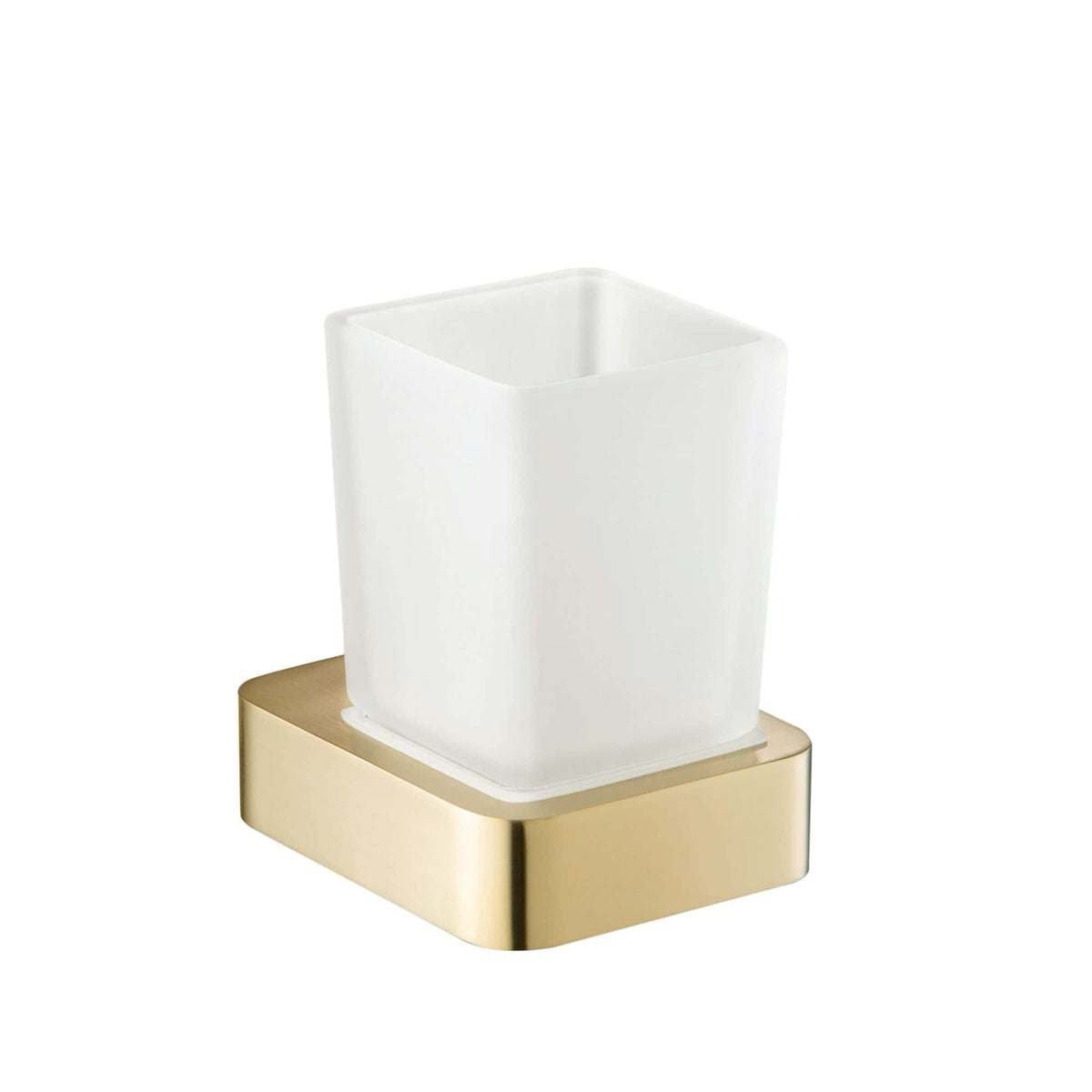 Elegant white countertop toothbrush holder with a gold base, perfect for modern bathroom decor.