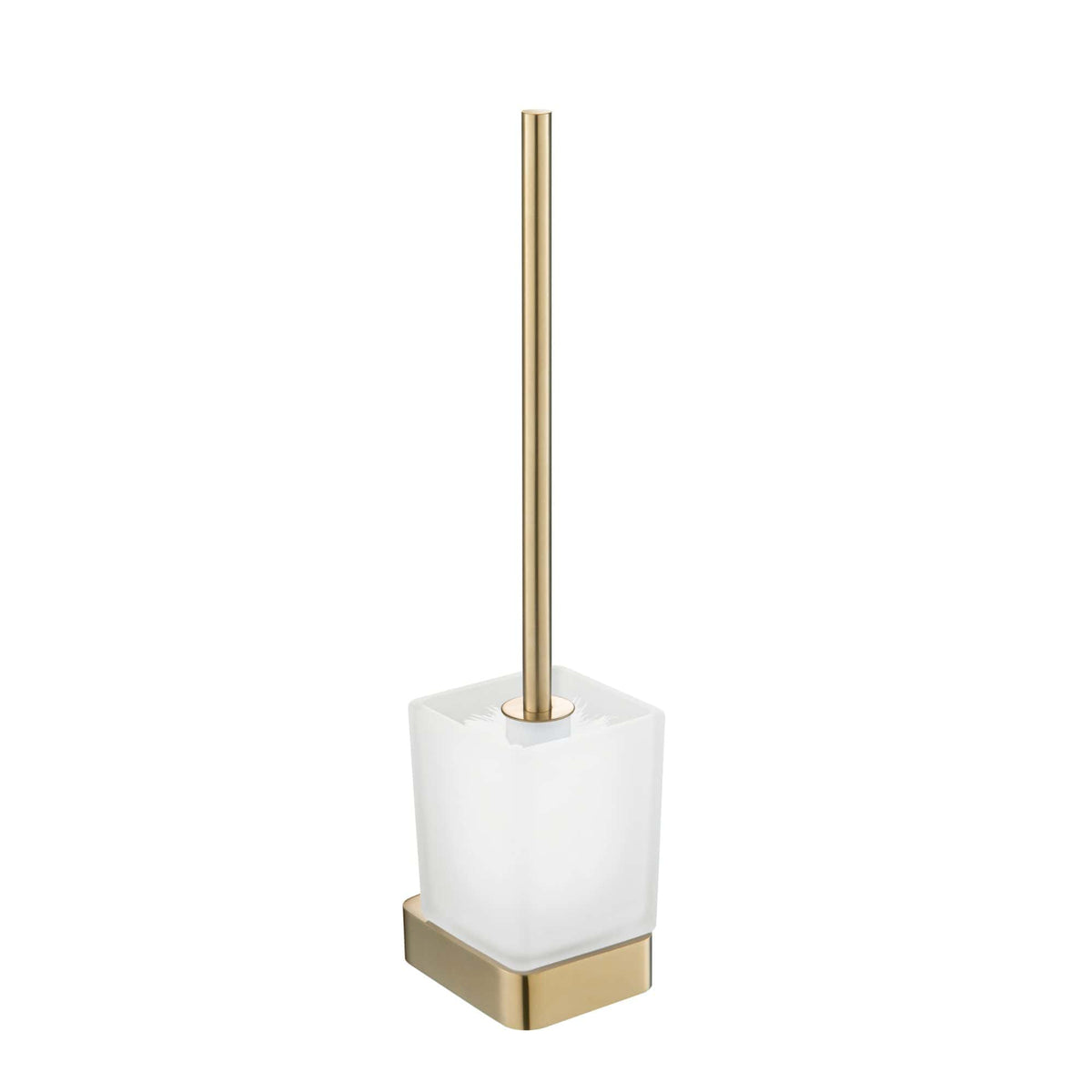 Polished gold and white modern toilet brush holder from Bubly Bathrooms, ideal for stylish bathroom decor and cleaning. Perfect for adding a luxurious touch to your bathroom essentials.