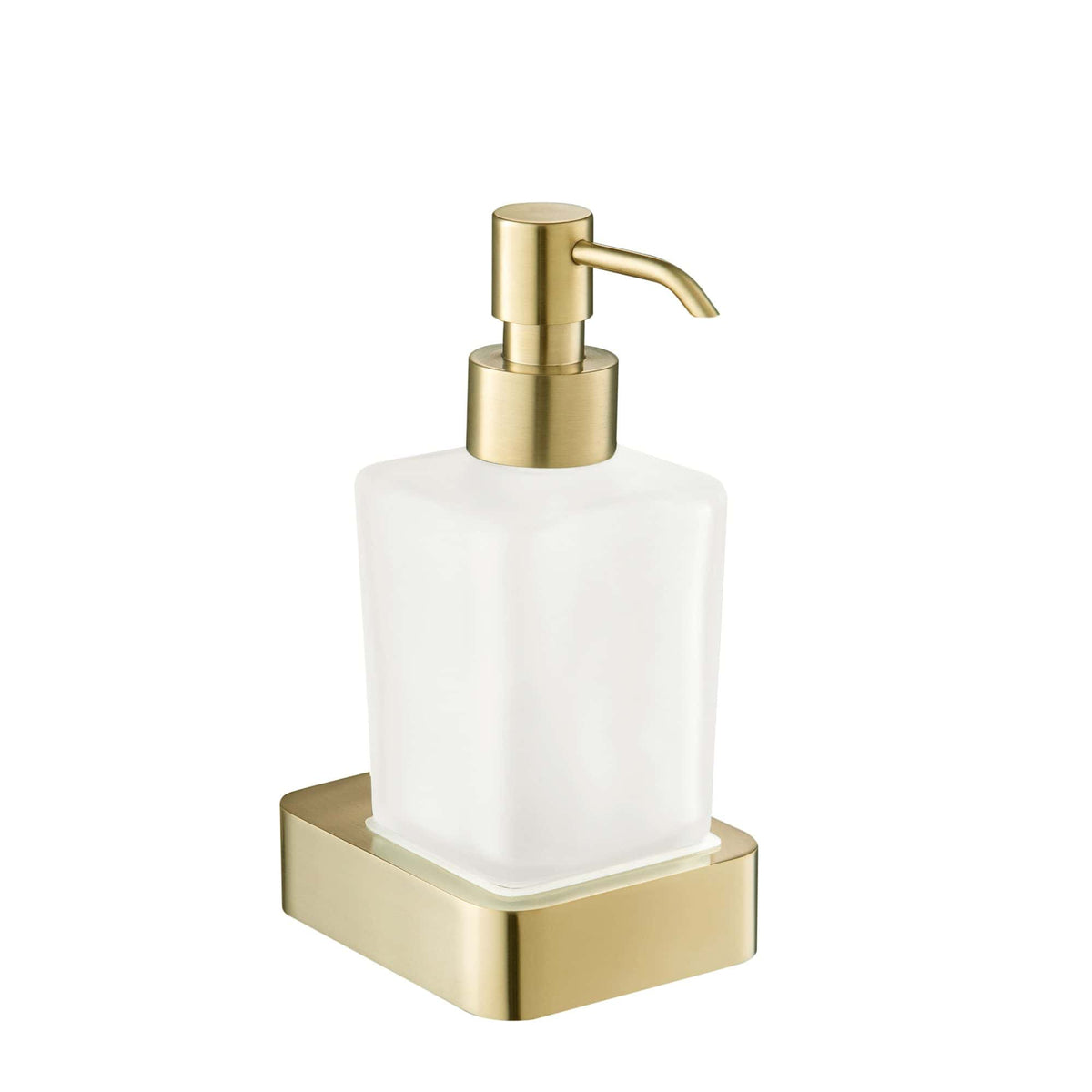 Minimalist soap dispenser with a gold finish and frosted glass container, designed for elegant bathrooms and kitchens for luxurious handwashing experiences.