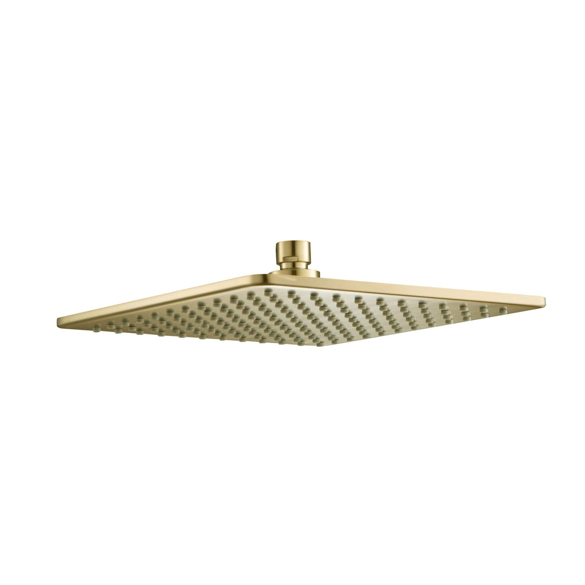 Shower head in a modern, square design with gold finish, featuring multiple nozzles for a luxurious rainfall experience. Perfect for enhancing bathroom aesthetics and functionality.
